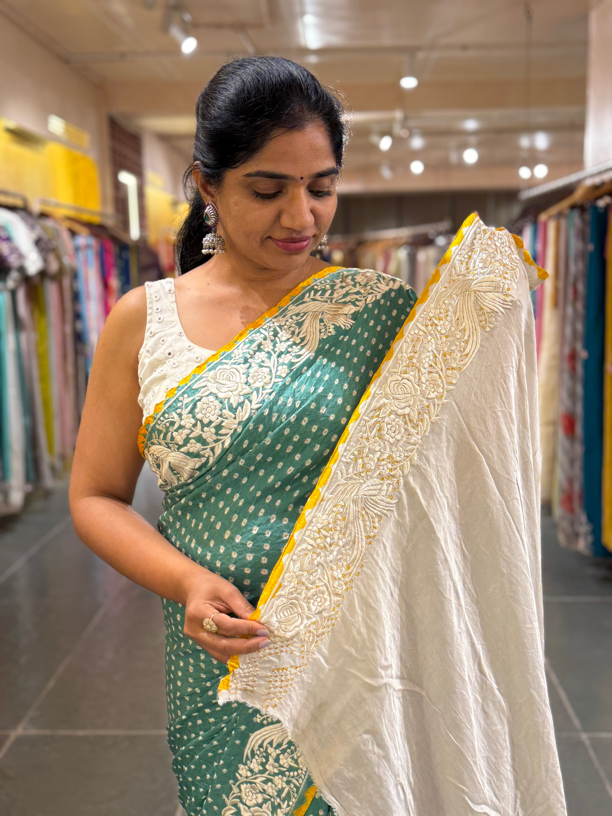 Teal Pure Gajji Silk Kutch Bandhej Saree with Parsi Gara Embroidery