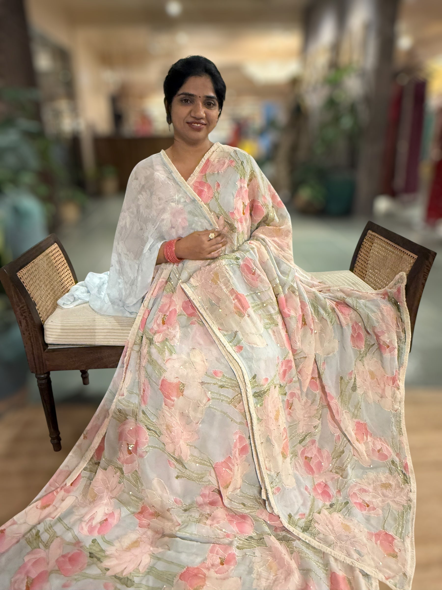 Pastel Blue Pure Gorgette Printed Saree With Allover Hand Done Katha work