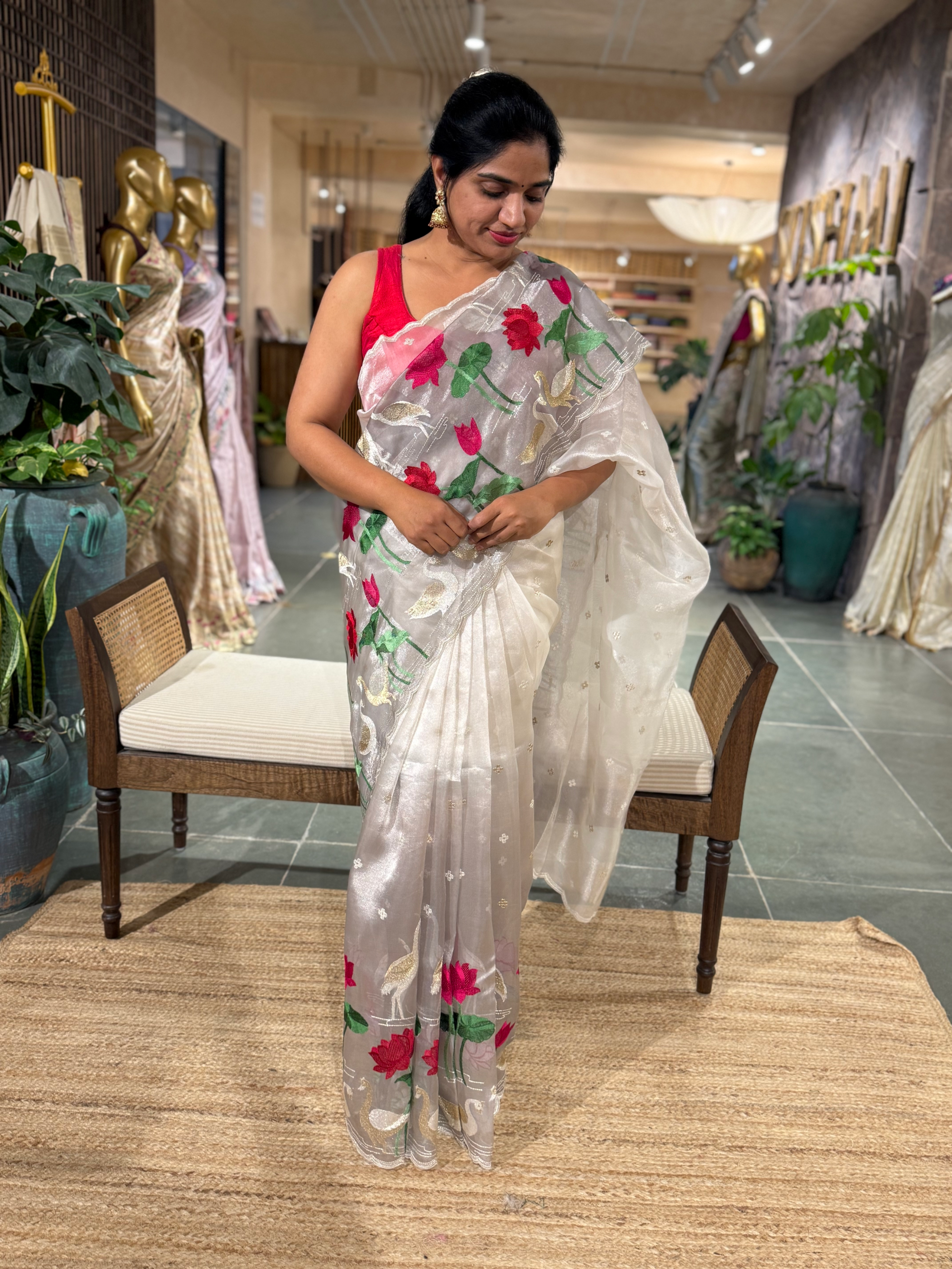 Handloom Kora Tissue Stripes Pichwai Pond themed Embroidered  Saree