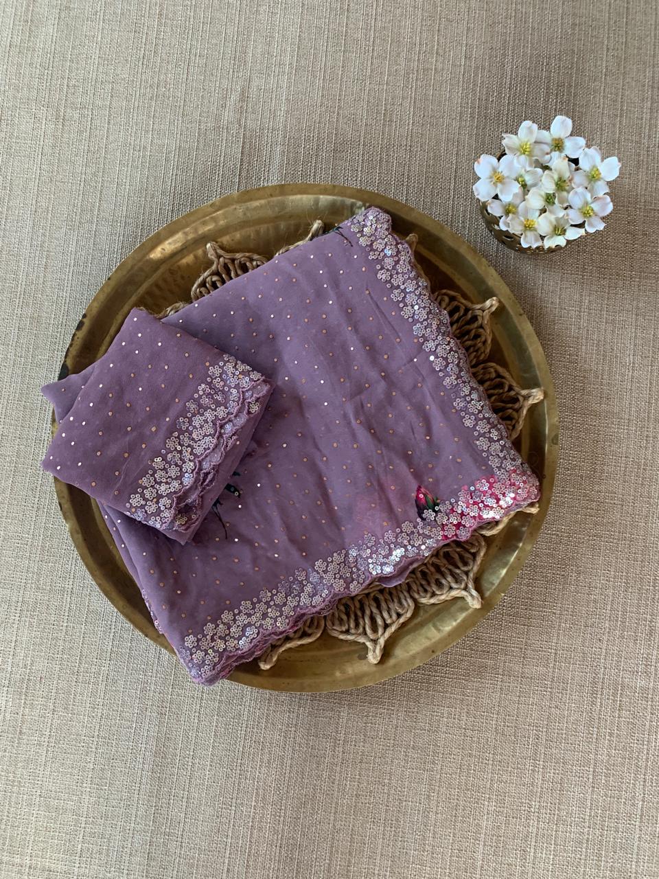 Dark Mauve Gorgette Printed Saree with sequnce border