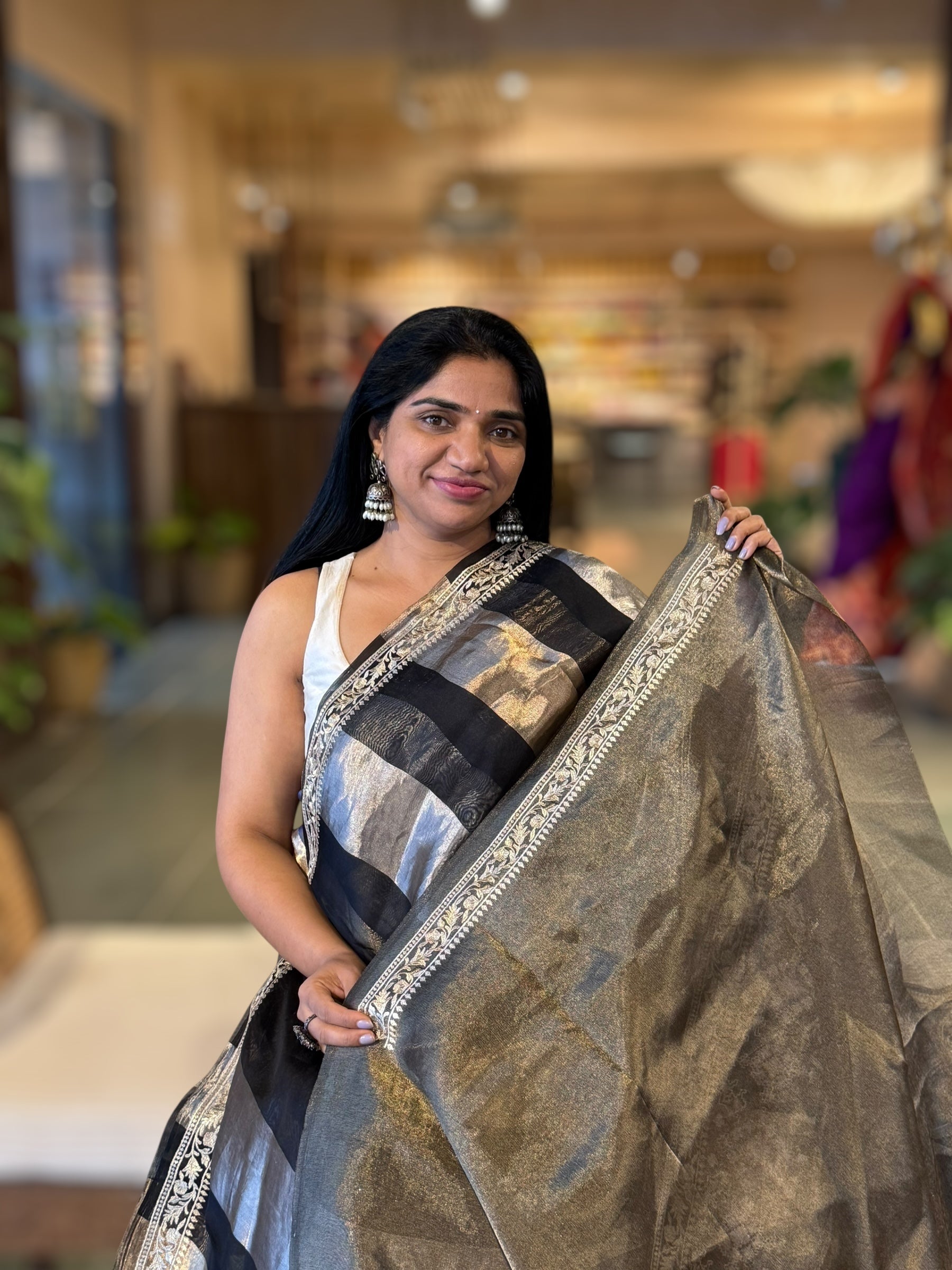 Black Kora Tissue Stripes Saree With Jamdani  & Pichwai embroidered Border