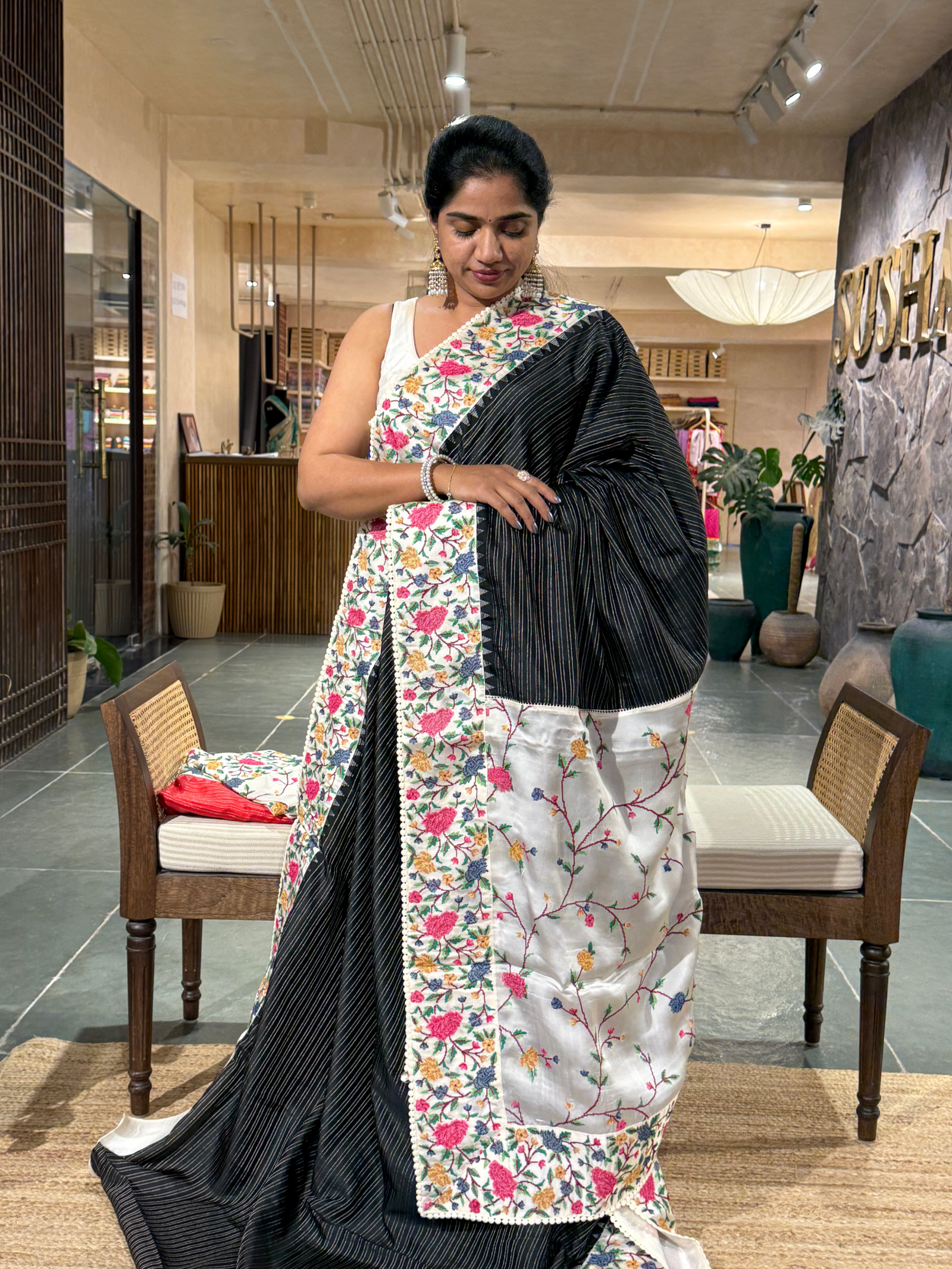 Black Soft Silk Saree with Petite Point Embroidery