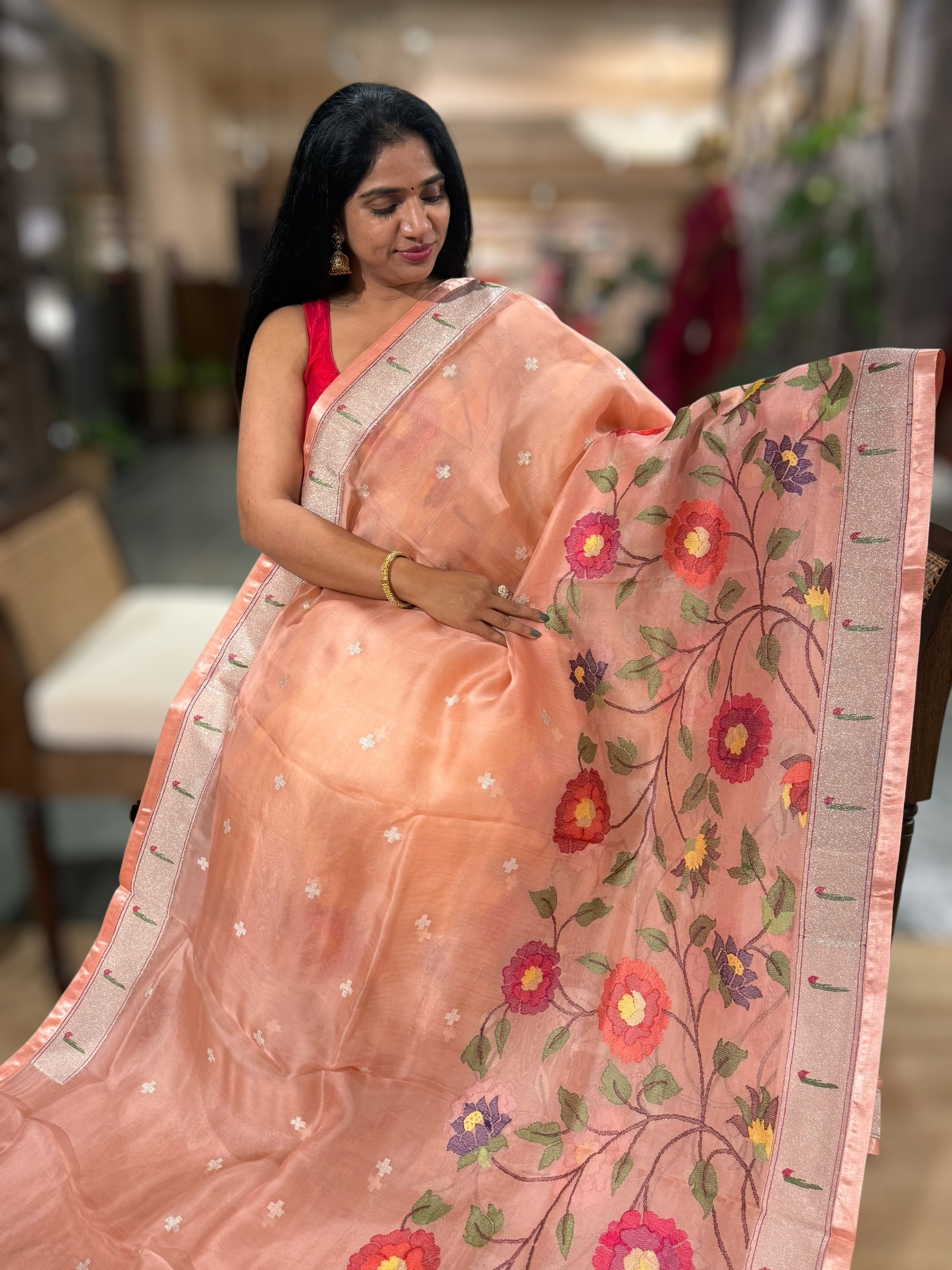 Peach Organza Silk Saree With Jamdani Inspired Embroidery