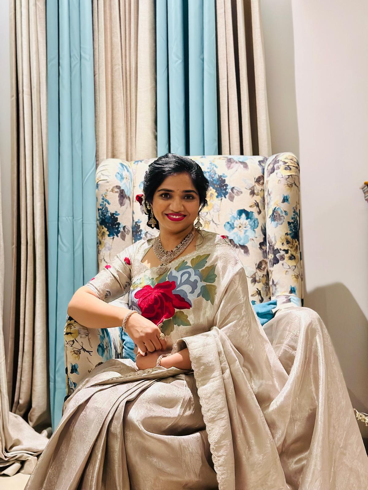 Silver Kanchi Brocade Tissue Saree with Statement Floral Embroidered Roses