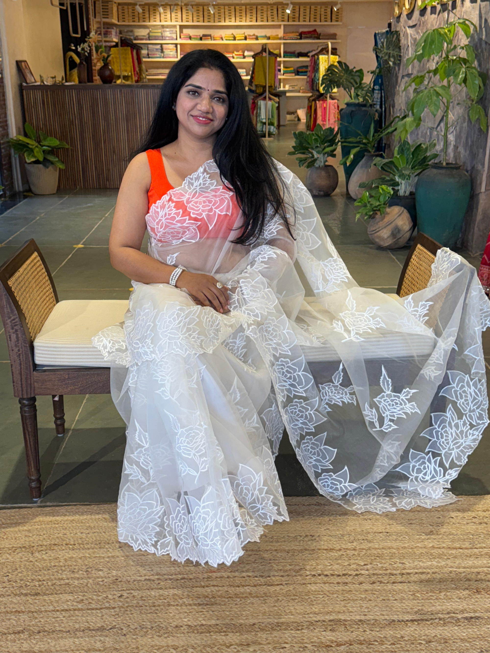 OROSEV1901 : White Organza Saree with Embroidered Rose Border