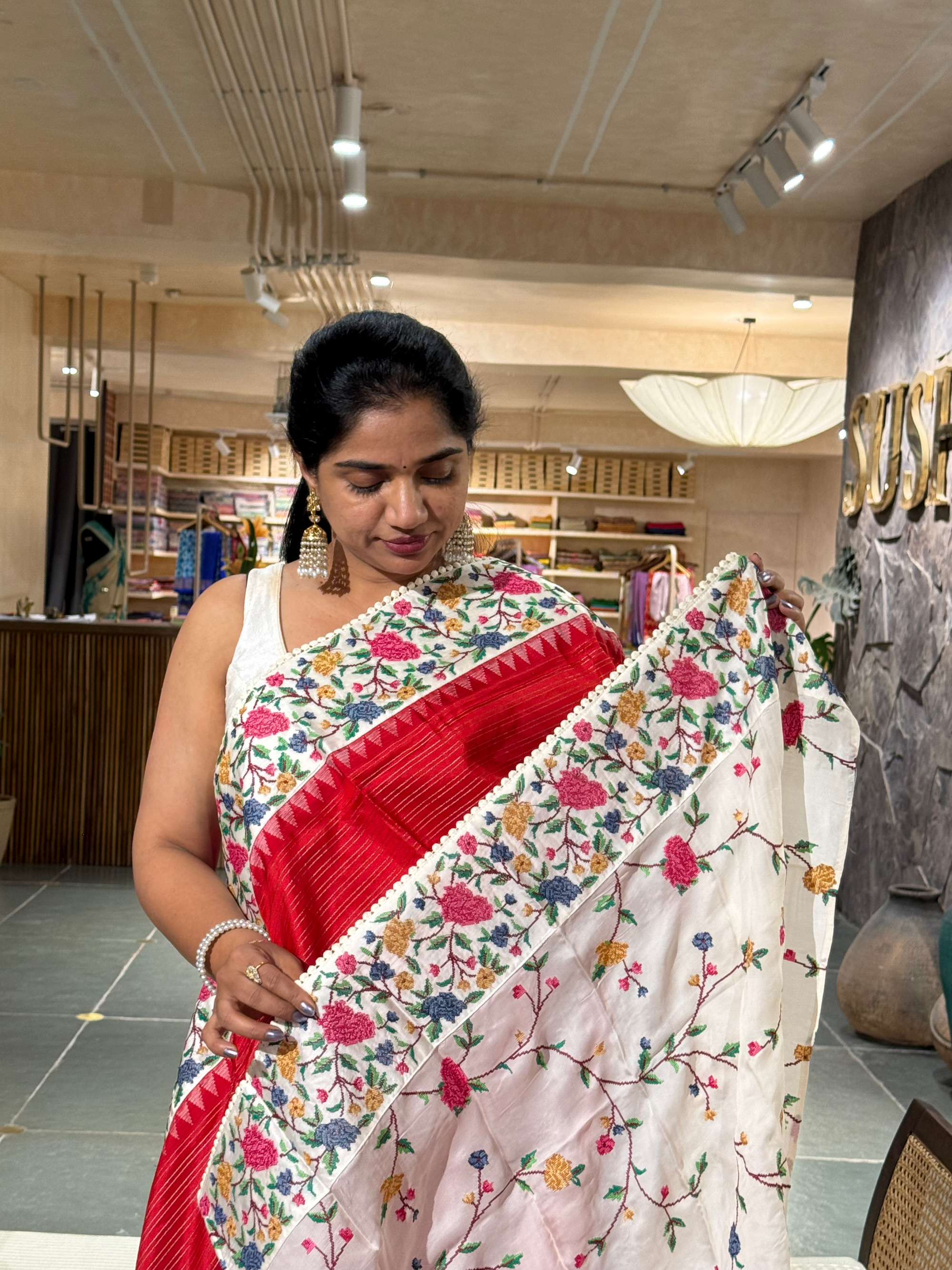 Red Soft Silk Saree with Petite Point Embroidery