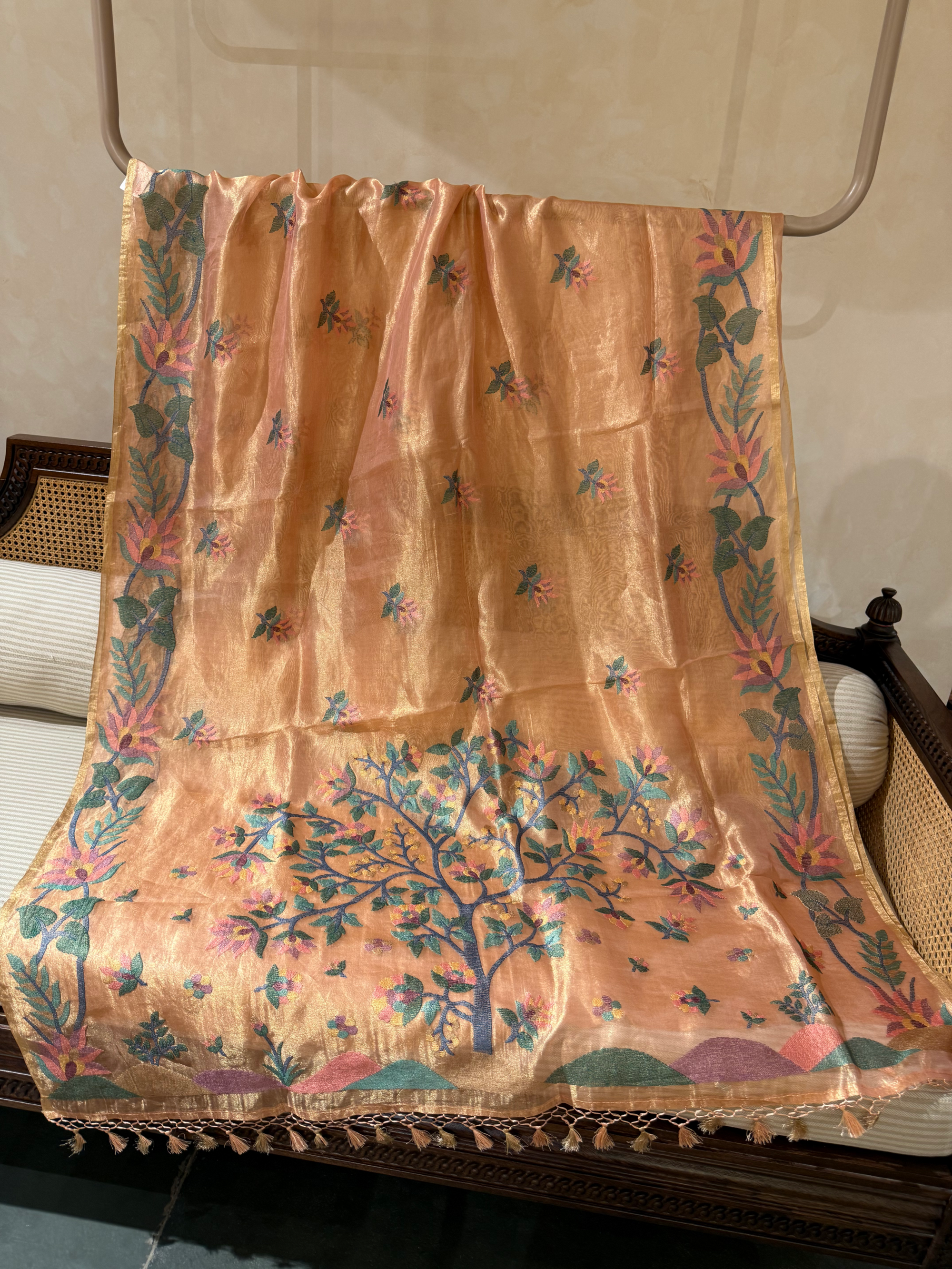 STJA207 : Peach Tissue With Jamdani Look Embroidery