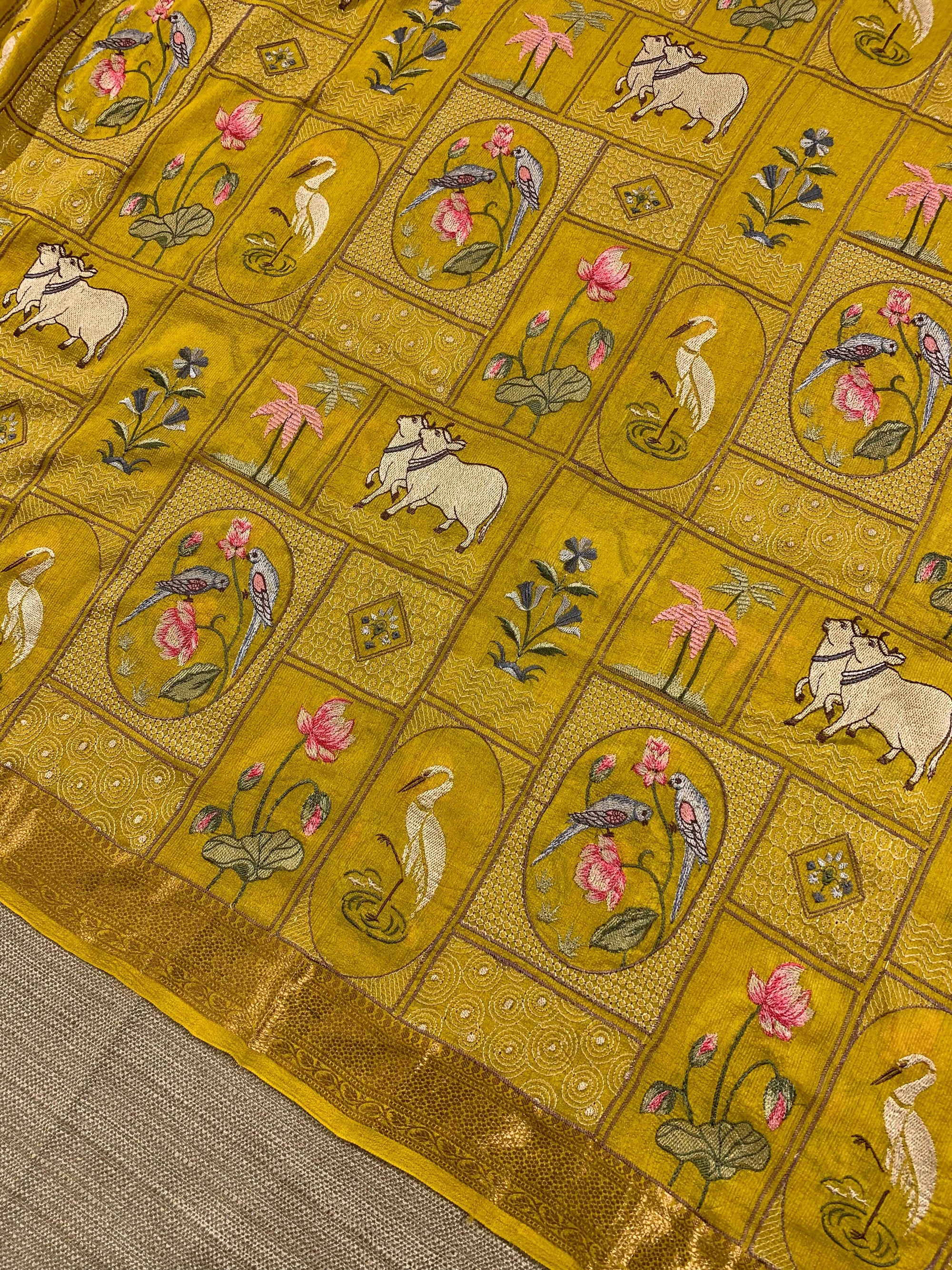 SMSEA110 Mango Yellow Pure Handloom Munga Silk Saree with Pichwai Embroidery