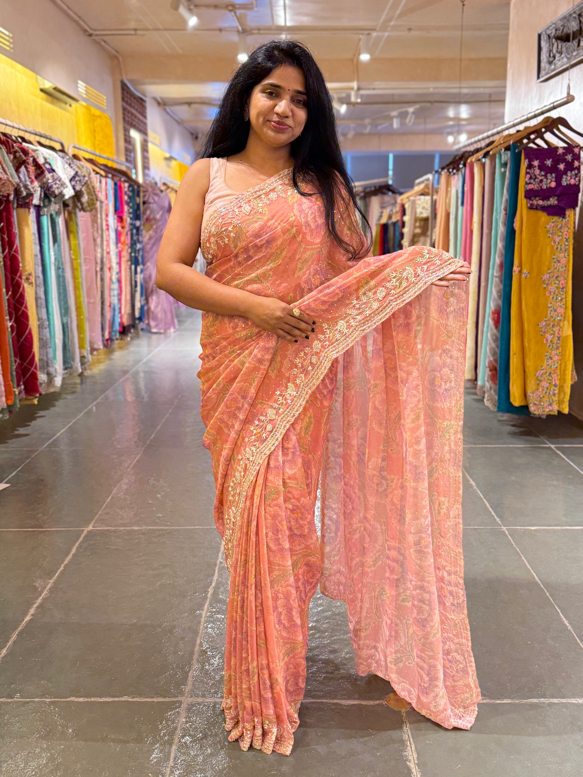 Peach Pink Pure gorgette printed Saree with handwork