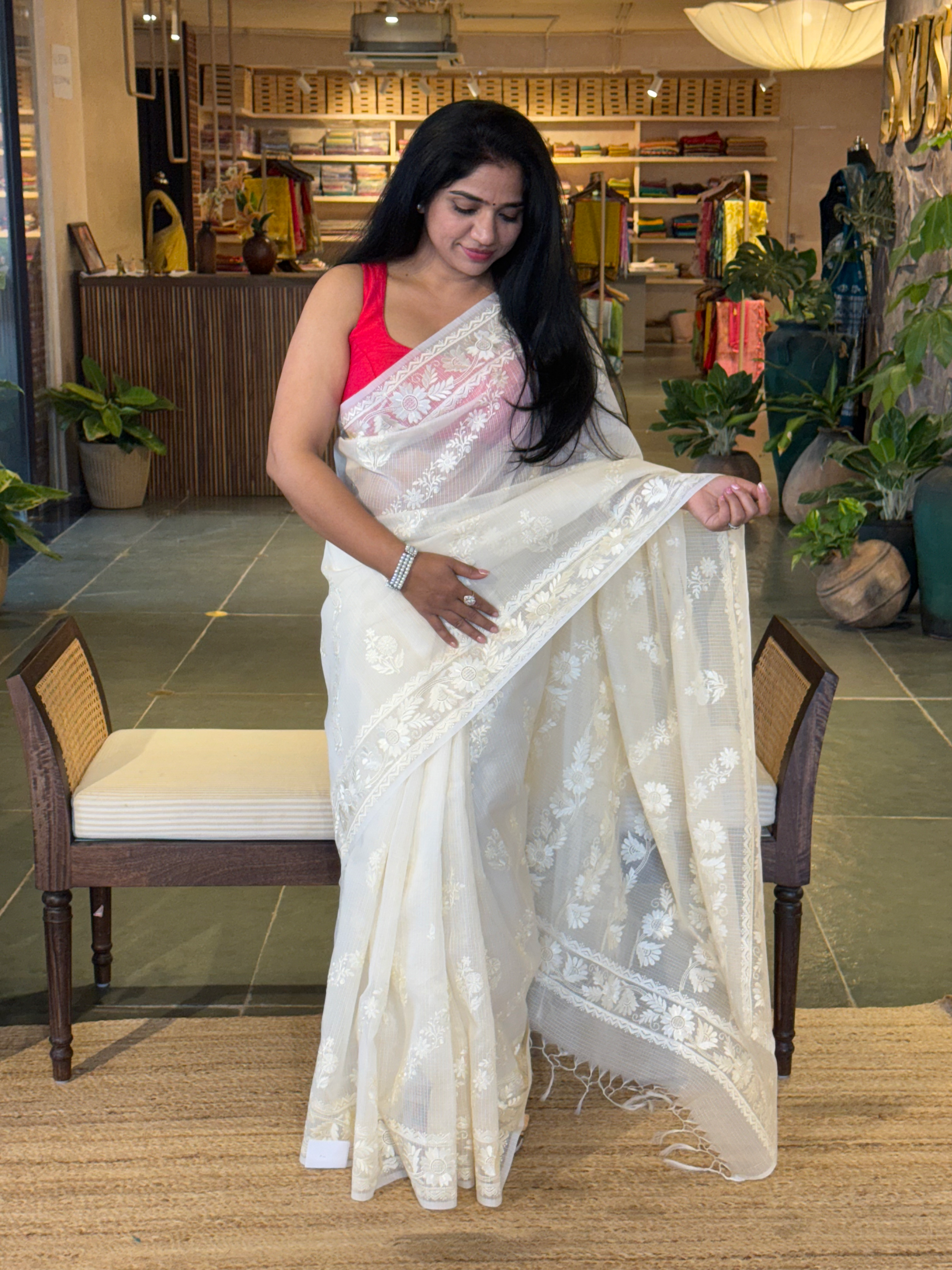 KCCA1908 : Kota Cotton Chikankari Embroidered Saree paired with Fusion Blouses