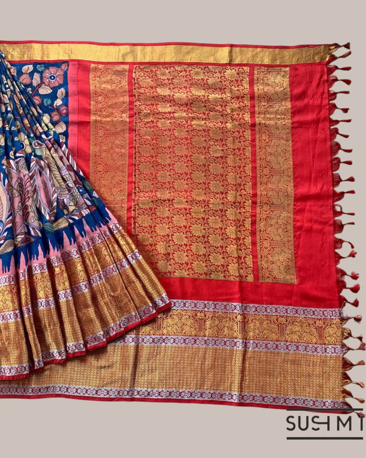 Blue Kanchi Pen kalamkari handpainted saree with heavy borders