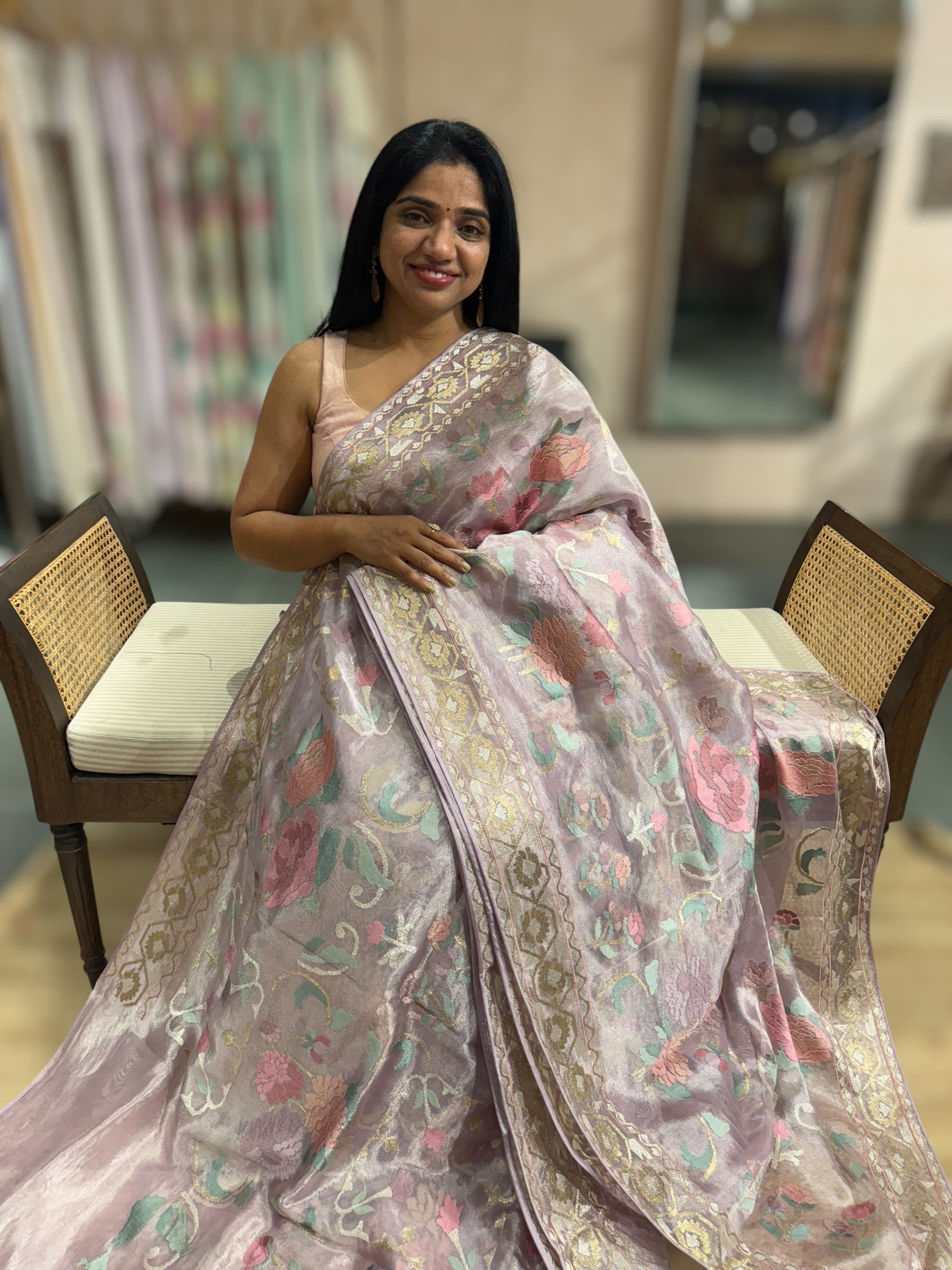 Lilac Pink Pure Tissue With Jamdani Inspired Allover Embroidery