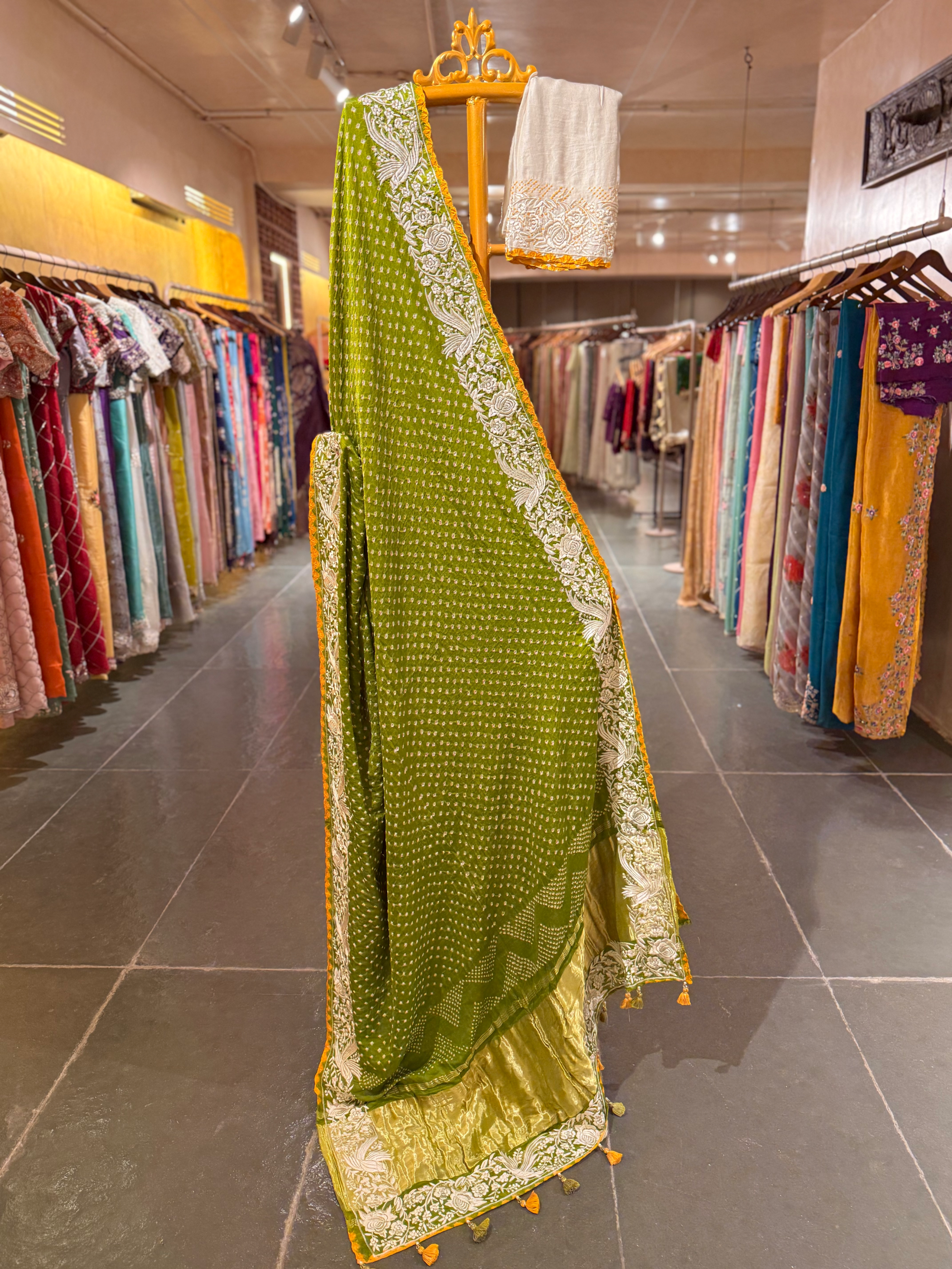 Moong Dal Green Pure Gajji Silk Kutch Bandhej Saree with Parsi Gara Embroidery