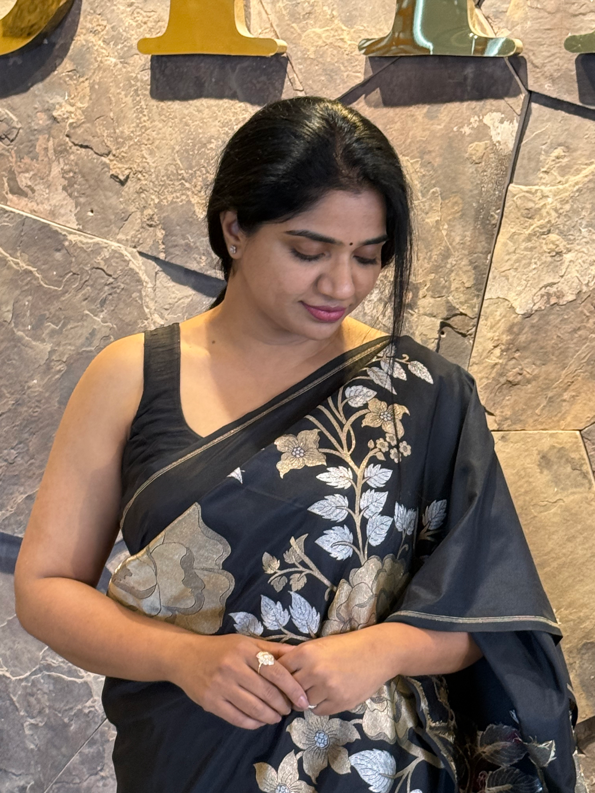 Black and Antique Gold Designer Banarasi Silk Saree