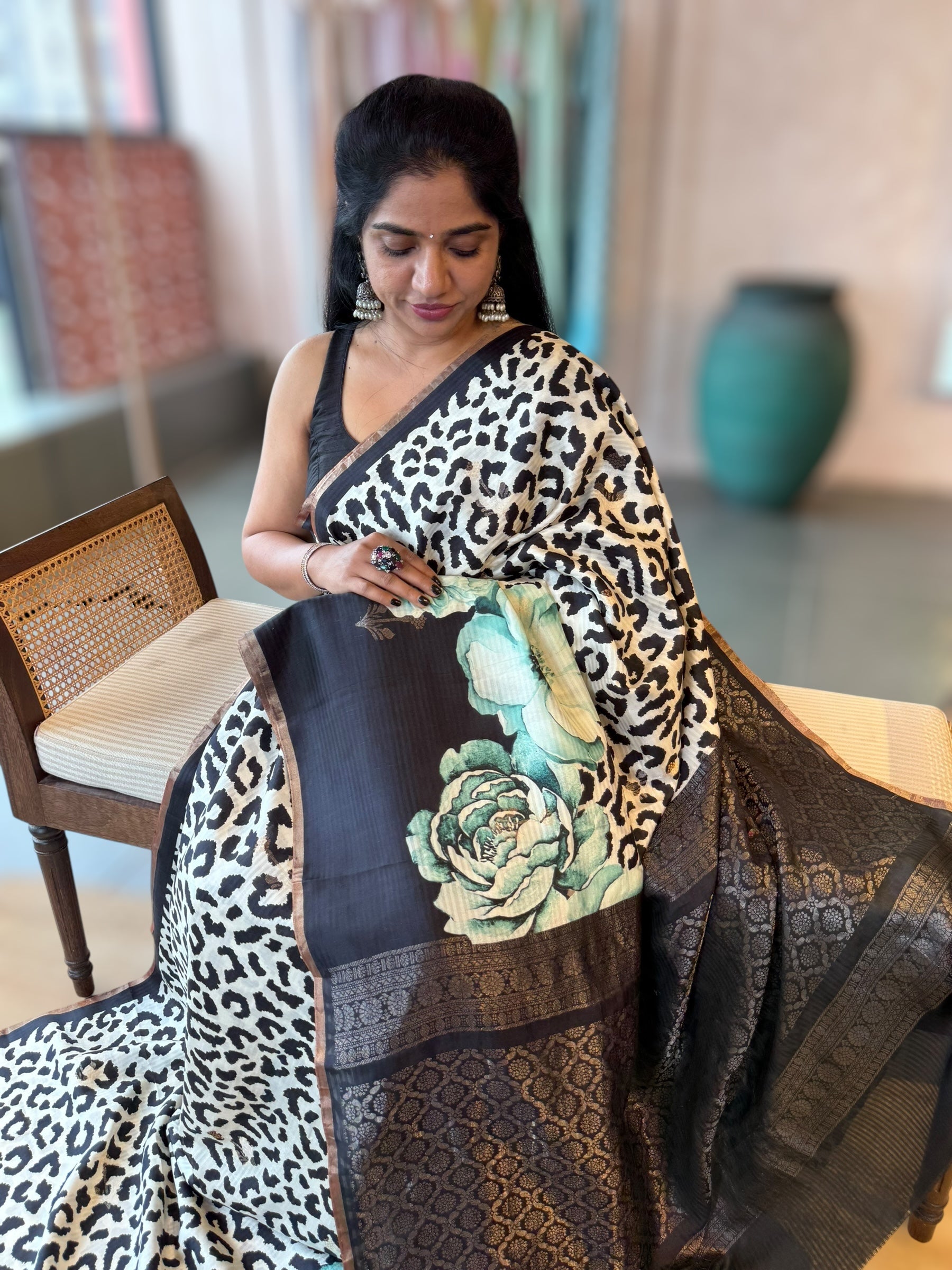 Kanchi Soft Silk Saree with Leopard and Statement 3D Rose Print