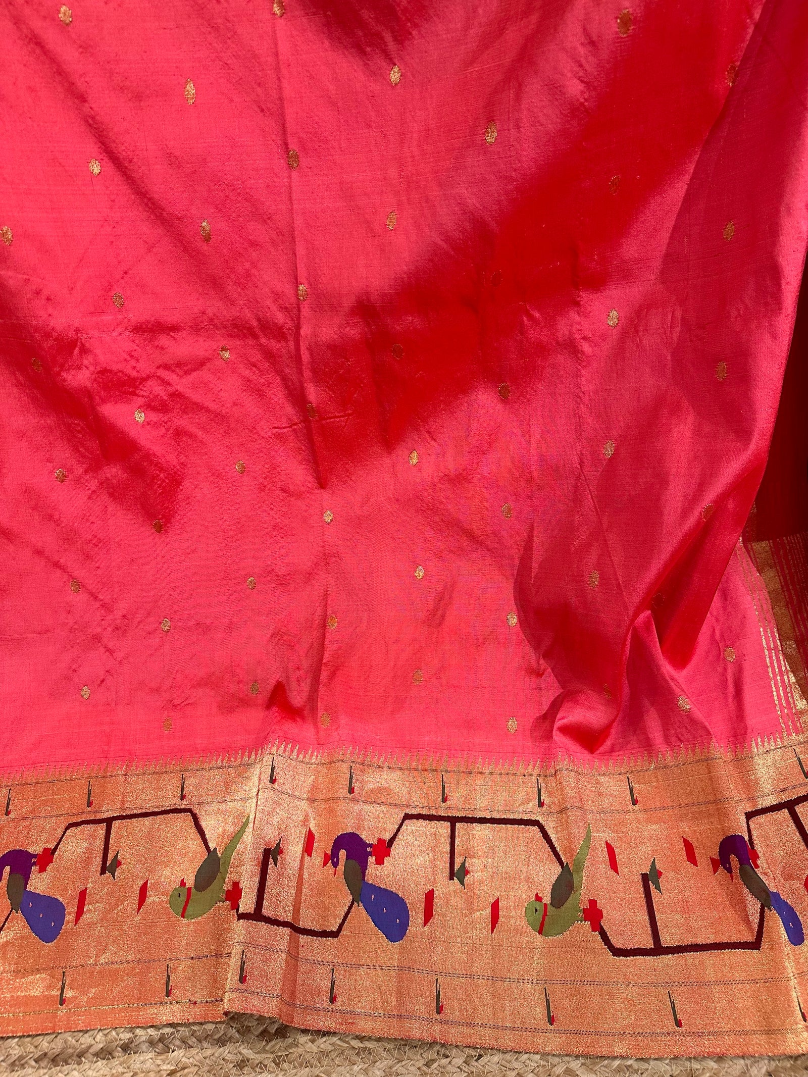 Carrot Color pure handloom paithani with parrot peacock border