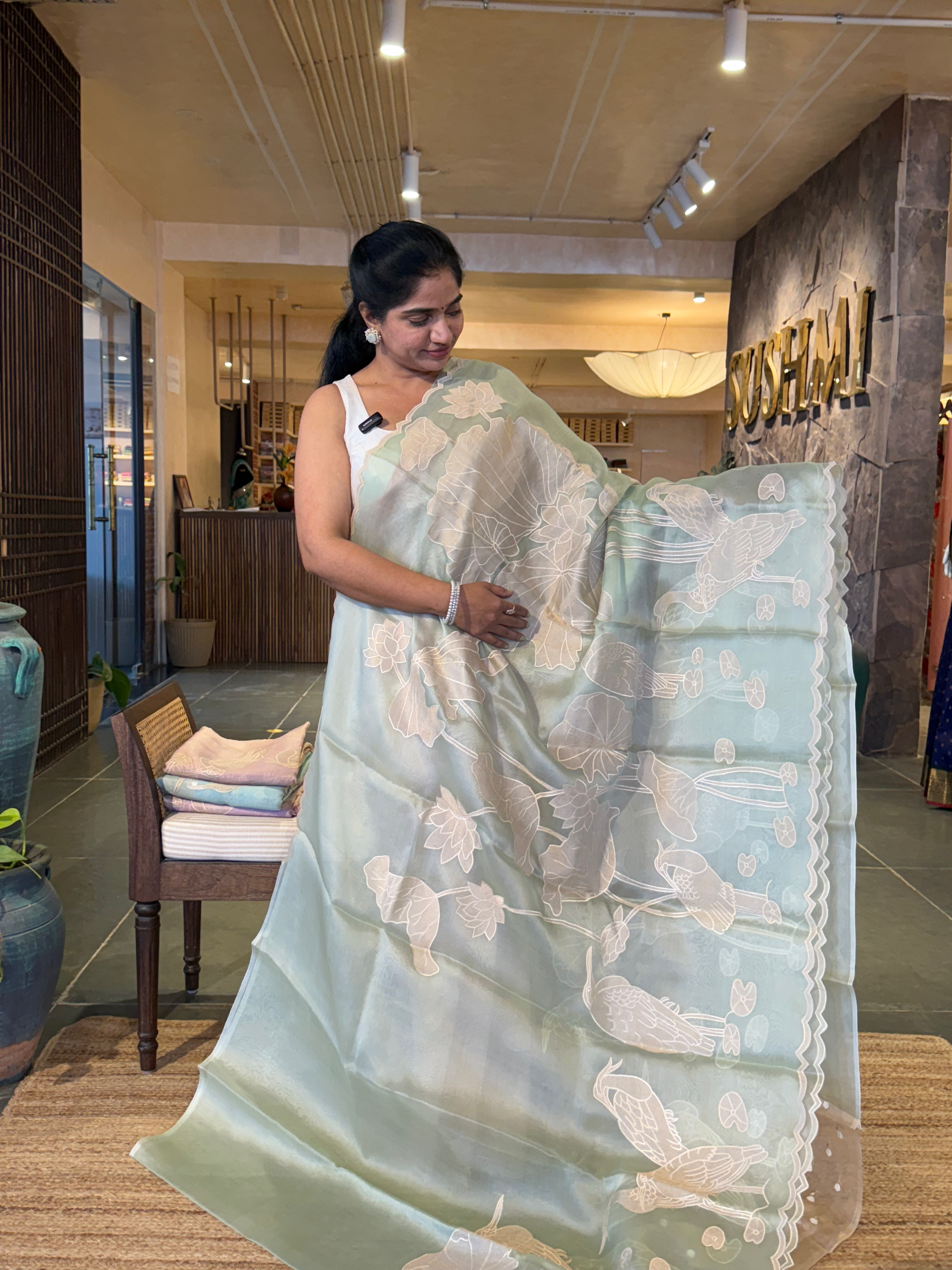 Mint Green Pure Organza Designer Saree with Allover Tissue Applique Embroidery