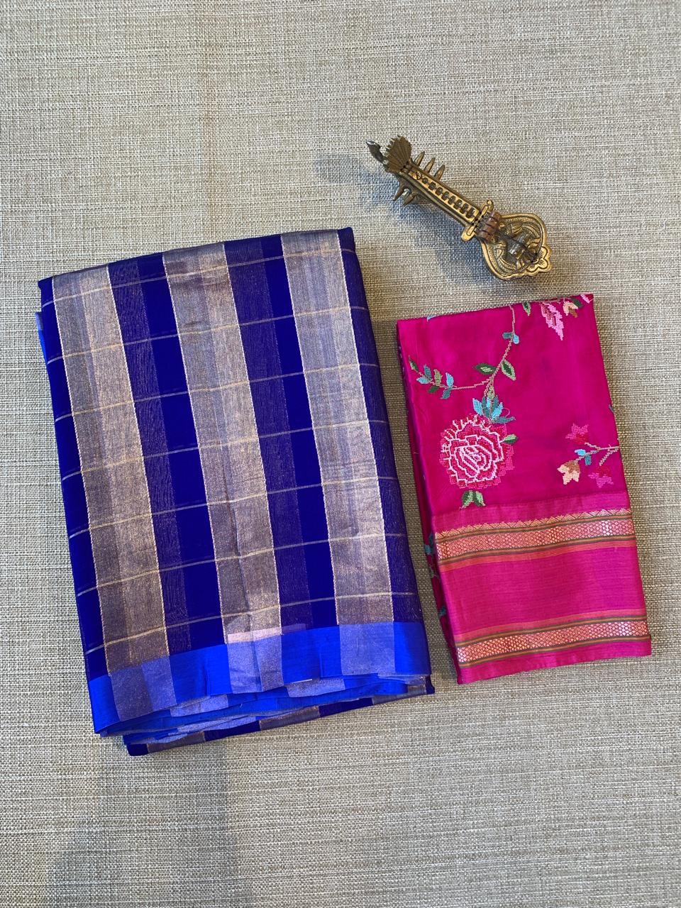 Royal Blue Pure Handloom Banarasi Kora Tissue Checks Saree