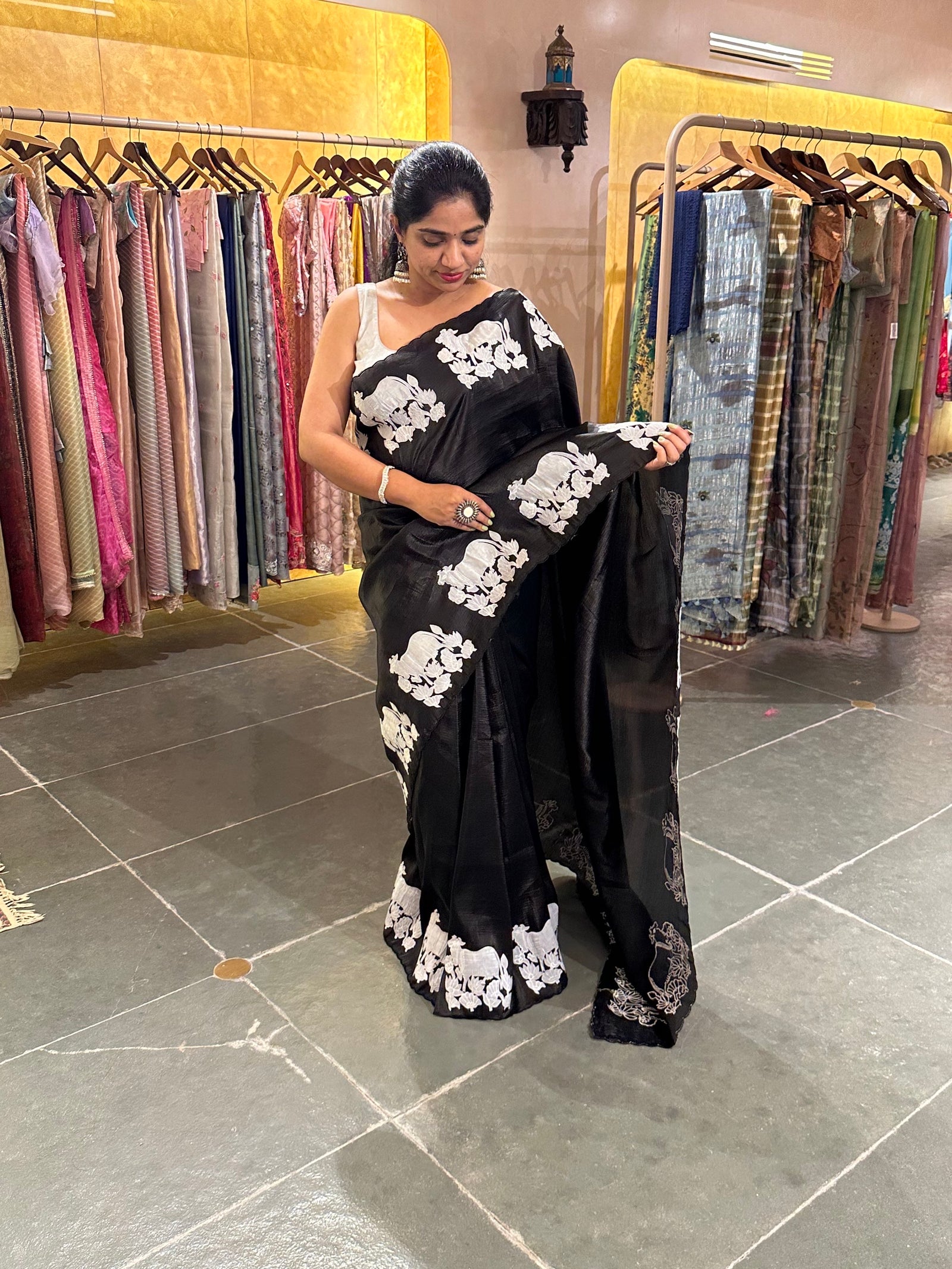 Black  Satin Organza Saree with a slight Crush With Pichwai Applique work motifs