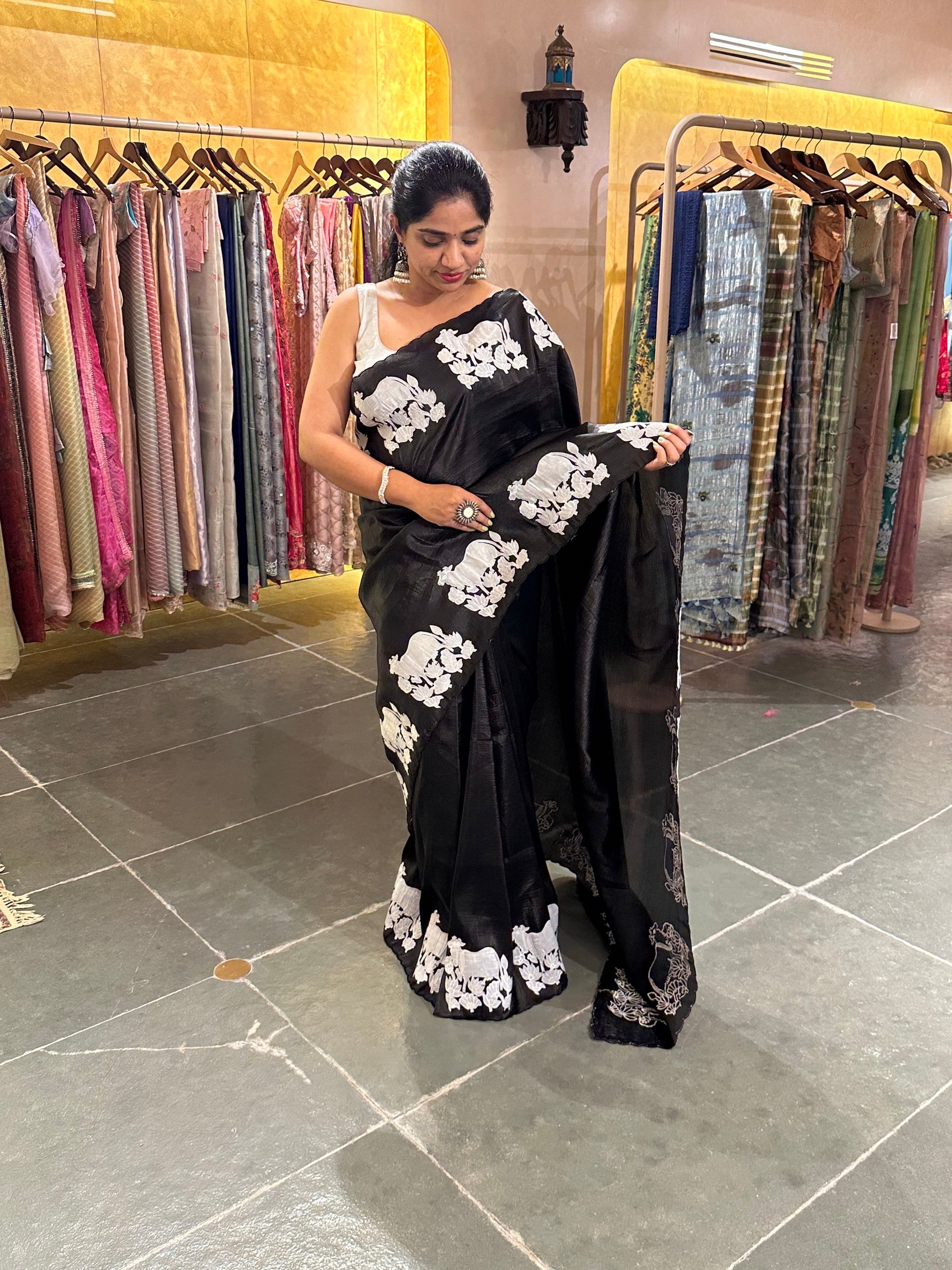 Black  Satin Organza Saree with a slight Crush With Pichwai Applique work motifs