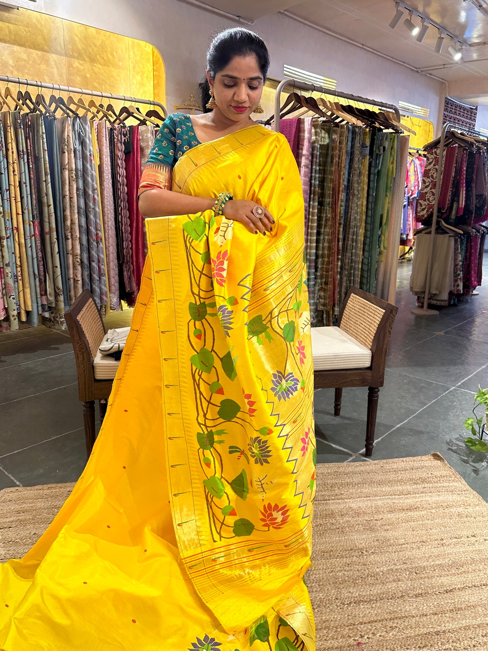Mango Yellow half allover Pure Paithani saree