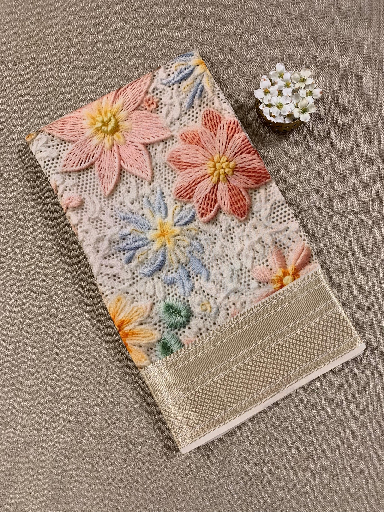 Banarasi Chiniya Silk Sarees with beautiful embroidery style 3D floral Print