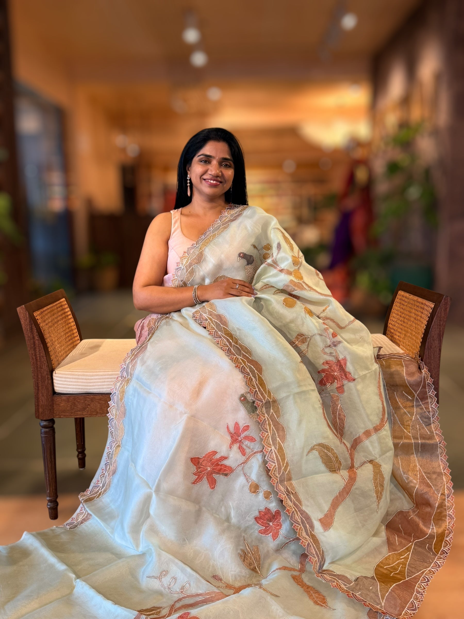 Mint Pure Organza Saree with one of a kind Tissue Applique work allover