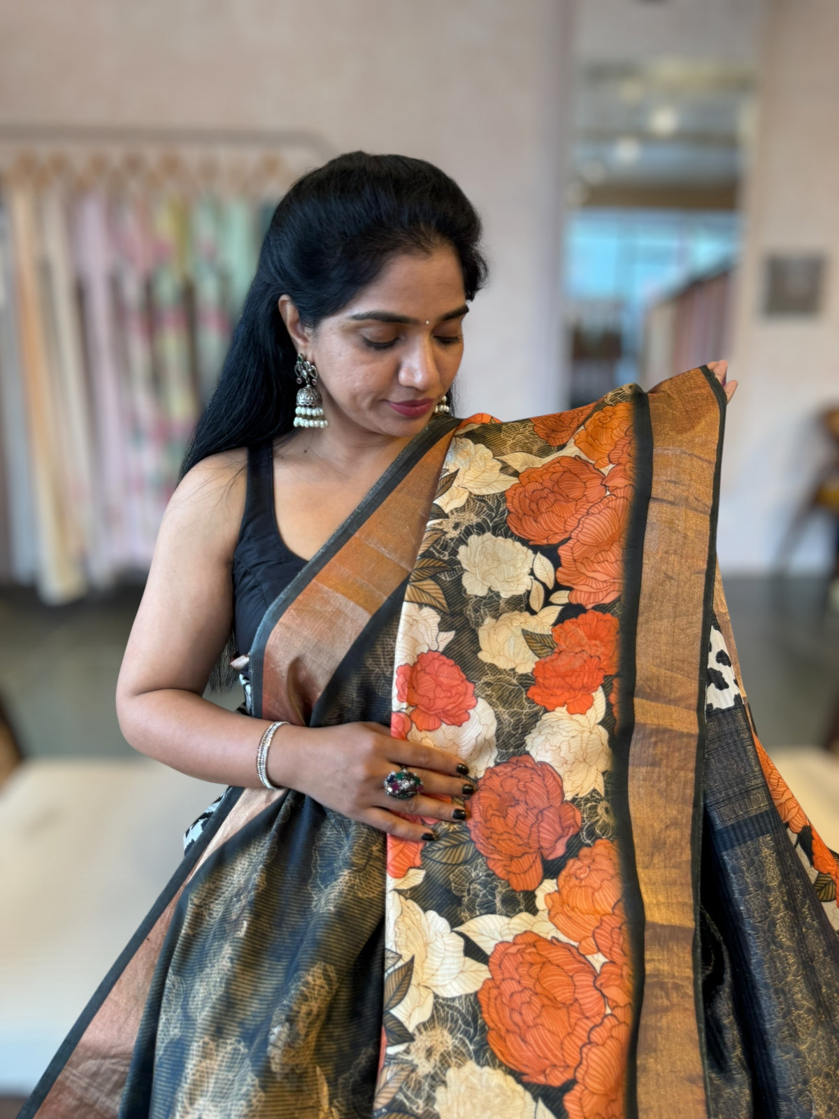 Kanchi Soft Silk Zari Checks Saree With 3D Statement Roses Print Allover