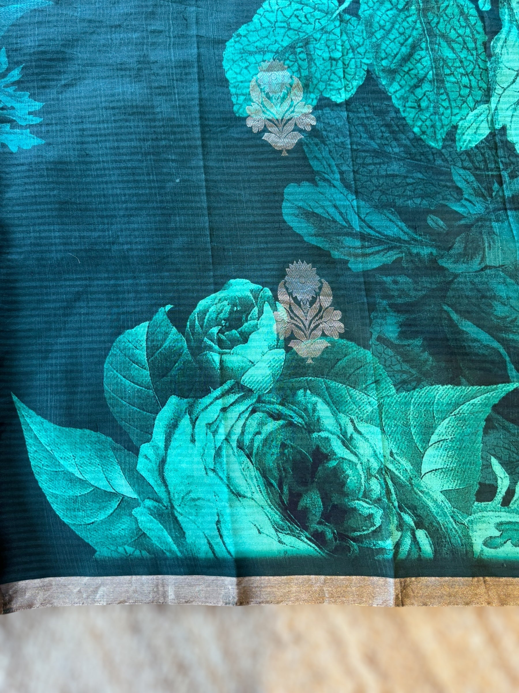 Forest Green Kanchi Soft Silk Saree With Statement 3D Rose Print allover