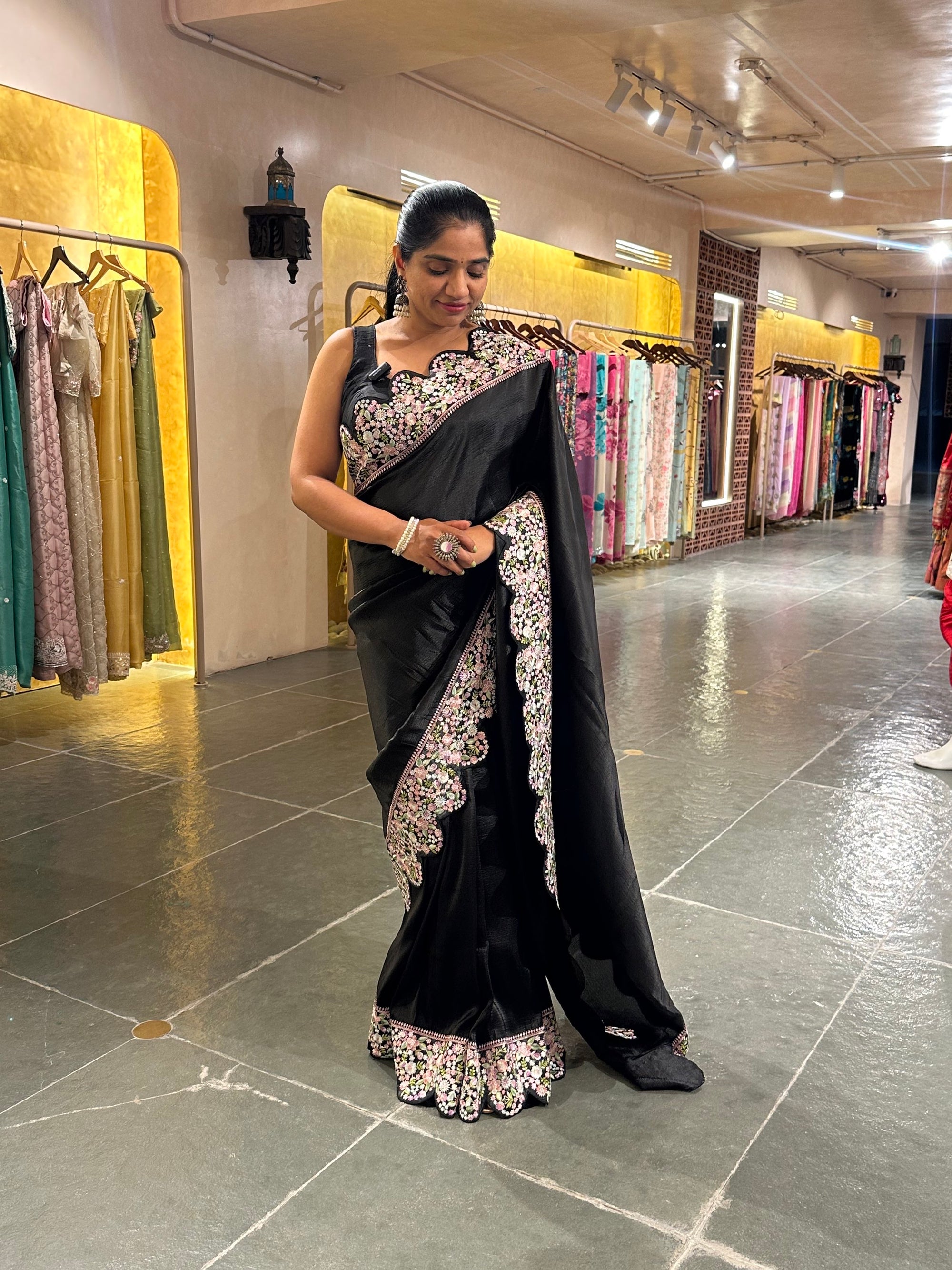 Black Crush Saree with beautiful threadwork scalloped  border