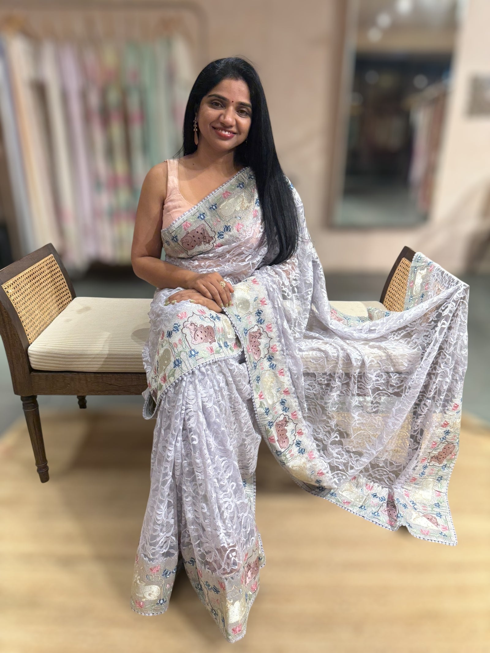 Light Lilac Chantilly Lace Saree With Tissue Nandi  Embroidered Border