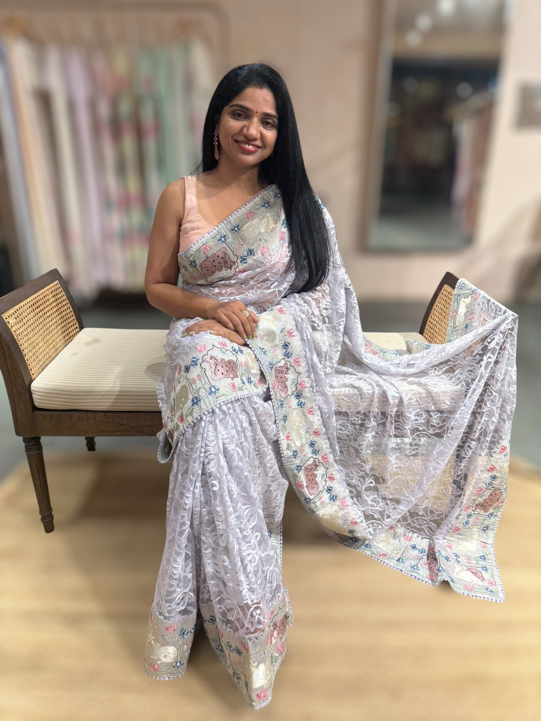 Light Lilac Chantilly Lace Saree With Tissue Nandi  Embroidered Border