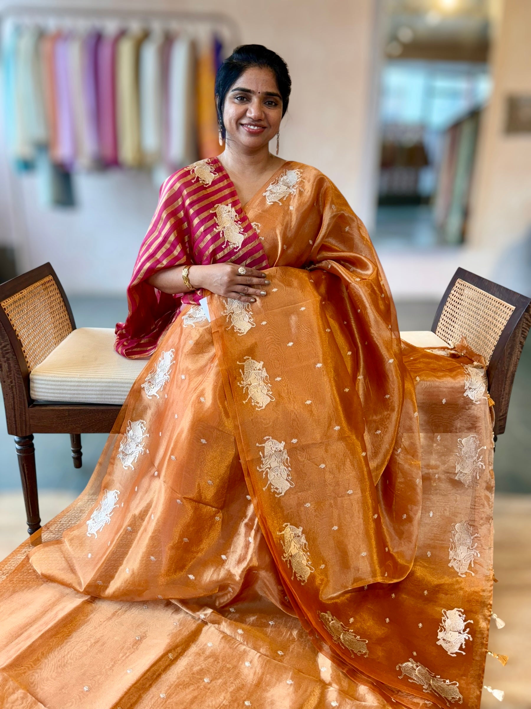 Orange Handloom Tissue Saree with Nandi Embroidered Border & Stripes Tissue BP