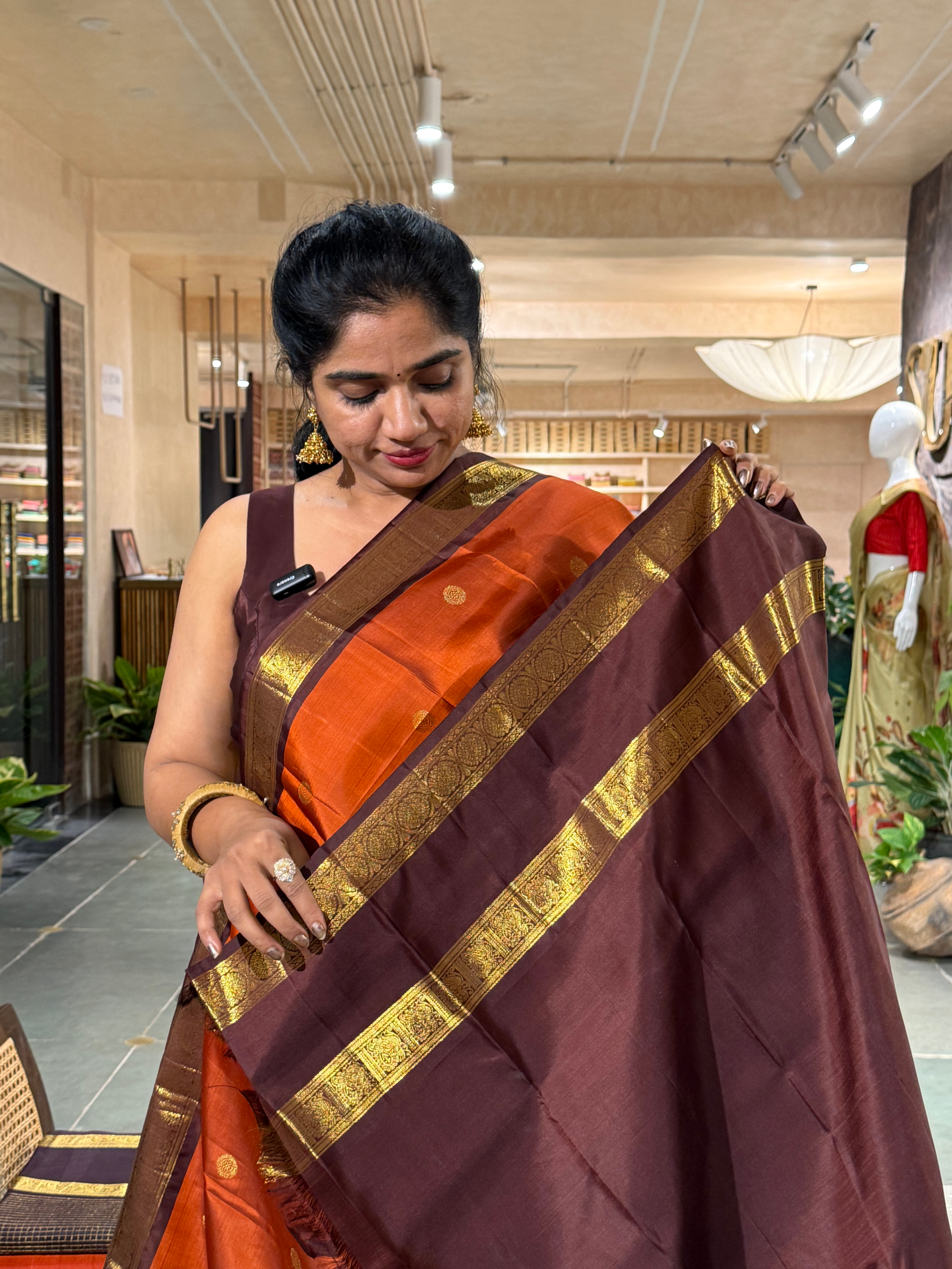 SVKM2205 Rust Orange & Light BrownCombo Vintage Kanchi Saree With Gap Borders