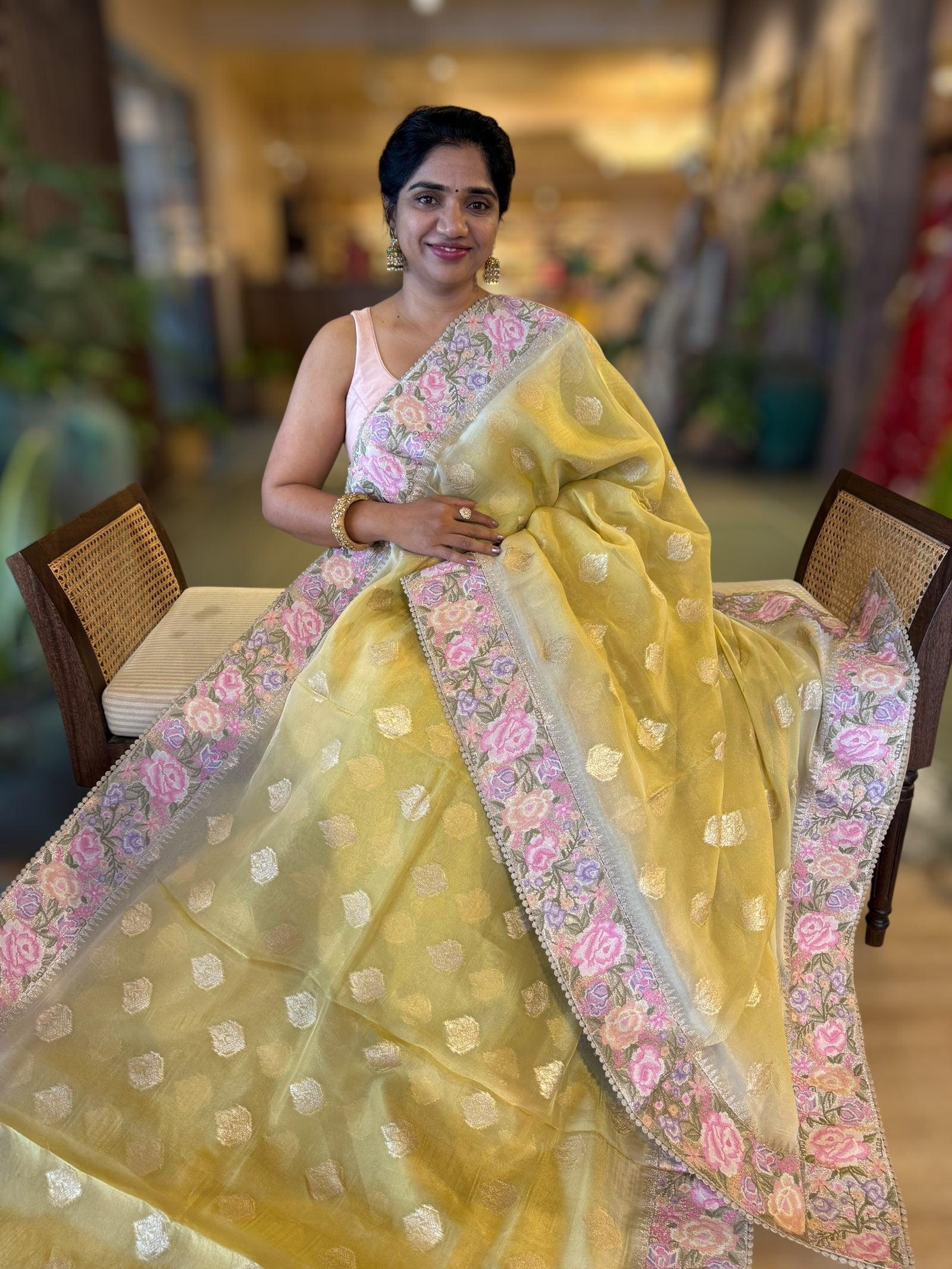 Pastel Yellow Banarasi Tissue Gorgette Saree Wth Petite Point Embroidered Border