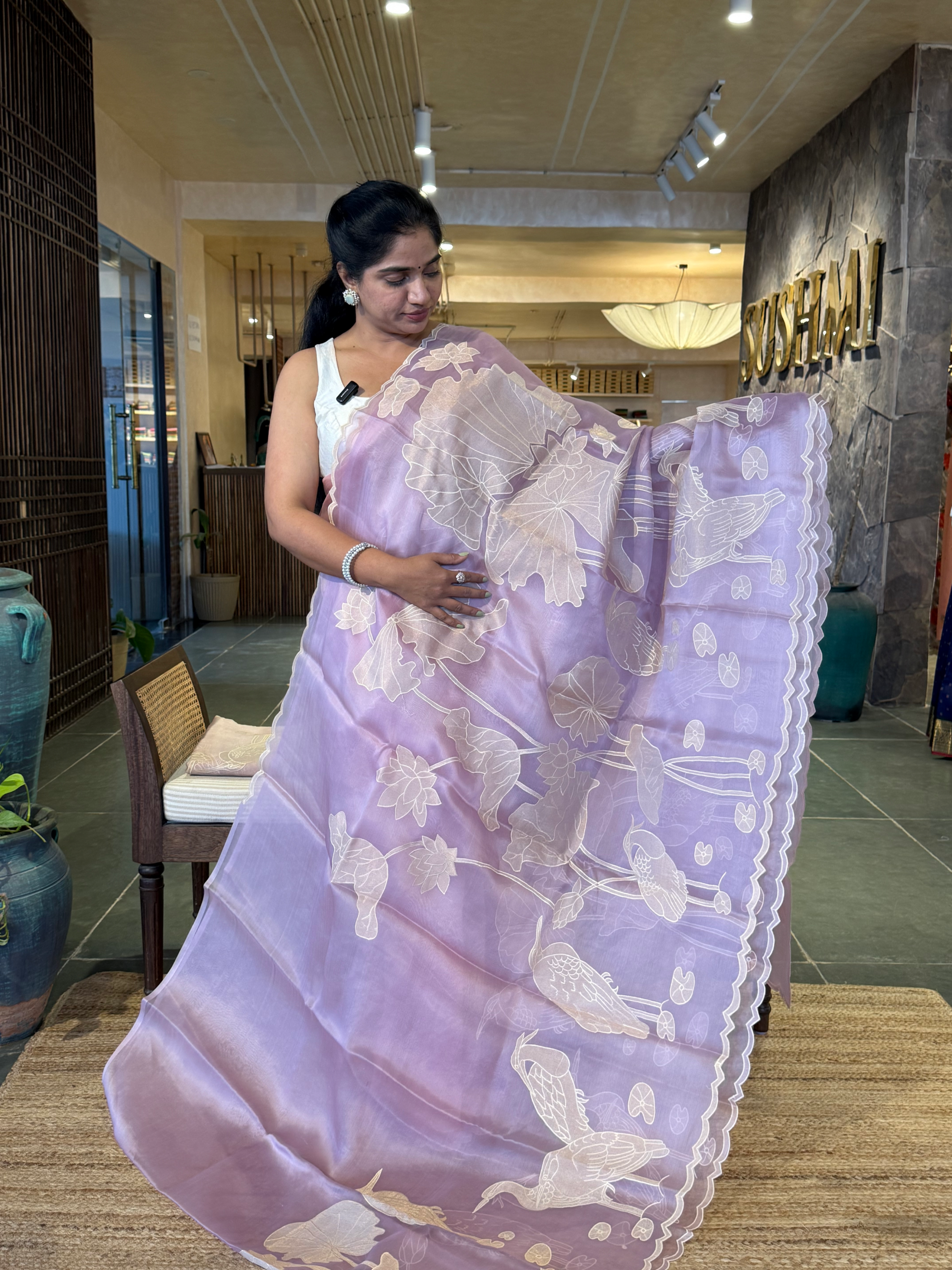 Lilac Pure Organza Designer Saree with Allover Tissue Applique Embroidery