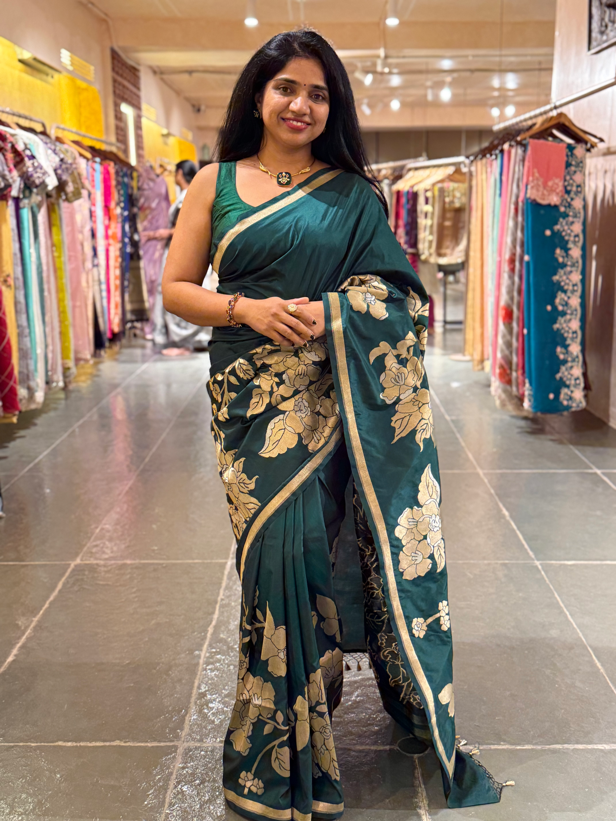 Forest Green Designer Banarasi Silk Saree