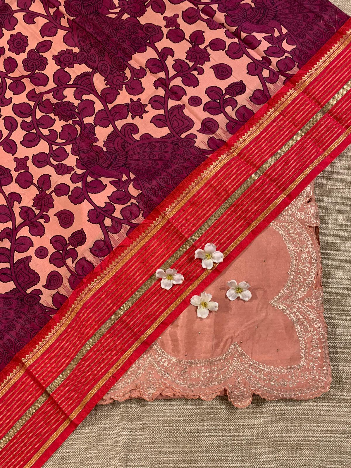 Peach Pink Crepe Silk Saree With Pita Work Scallop Border
