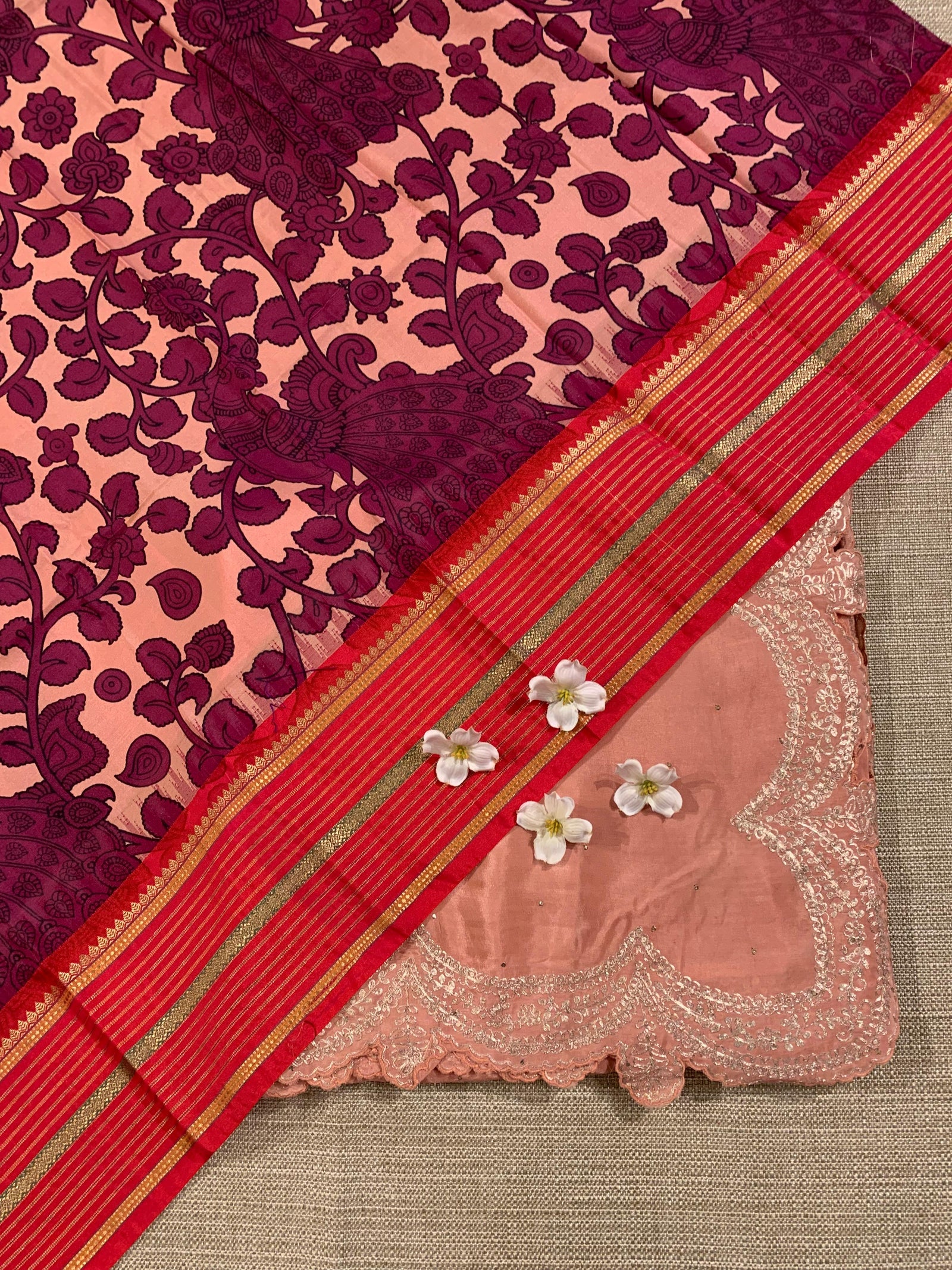Peach Pink Crepe Silk Saree With Pita Work Scallop Border