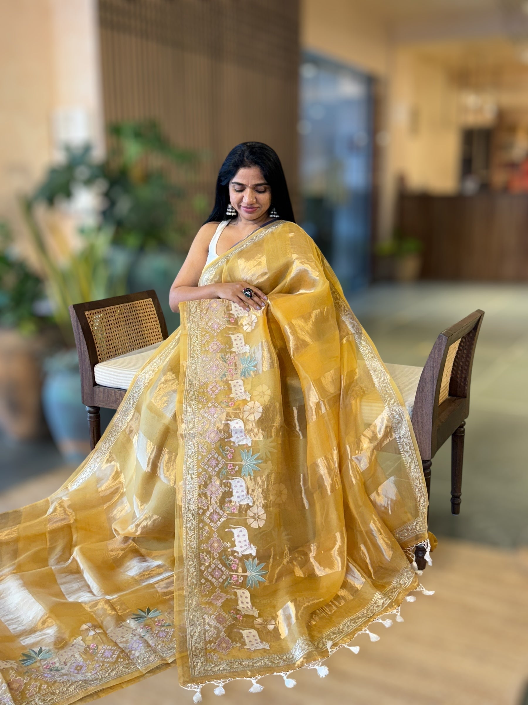 Mustard Kora Tissue Stripes Saree With Jamdani  & Pichwai embroidered Border