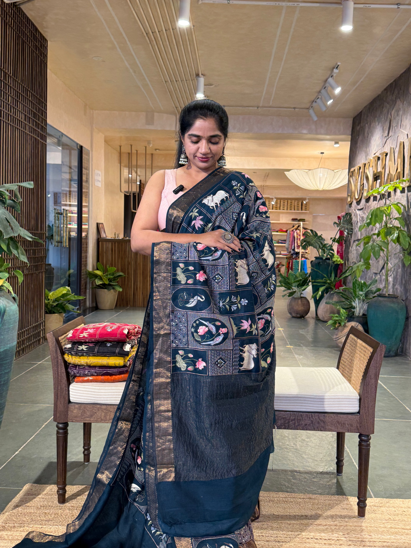 SMSEA107 Peacock Blue Pure Handloom Munga Silk Saree with Pichwai Embroidery