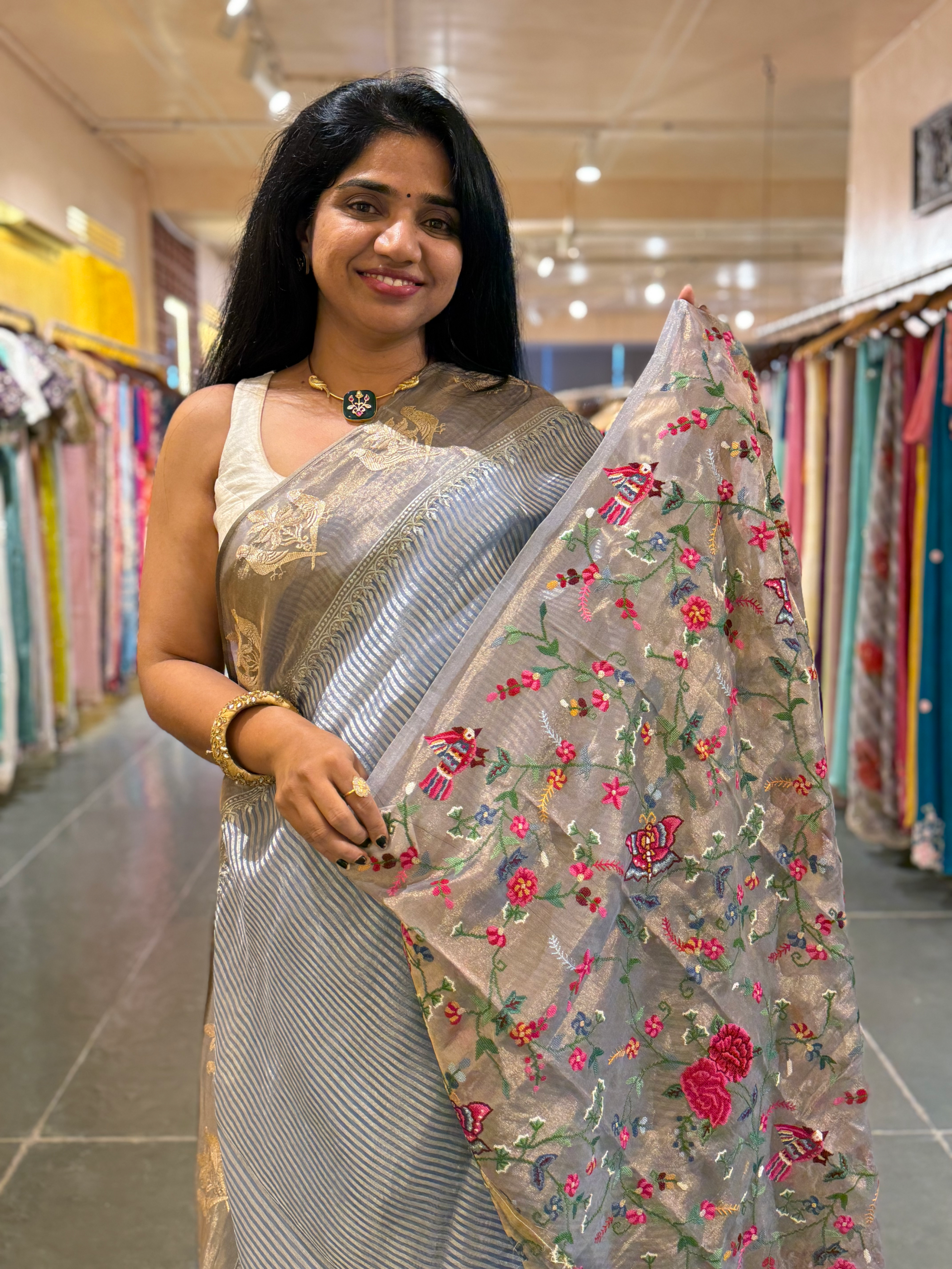 Corn Flower Blue Kora Tissue stripes saree wth tissue Embroidered Border