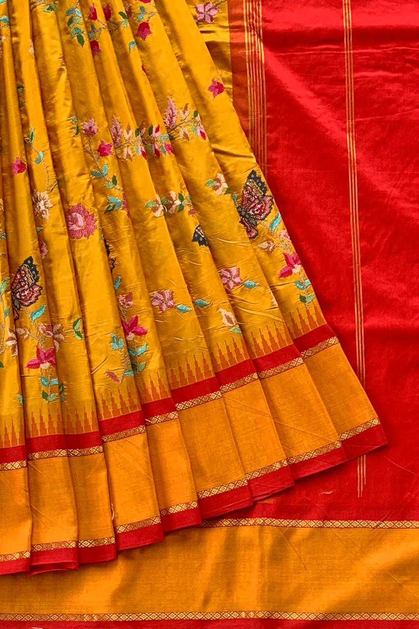 Kanchi Gap Border Saree With Allover Petite Point Embroidery