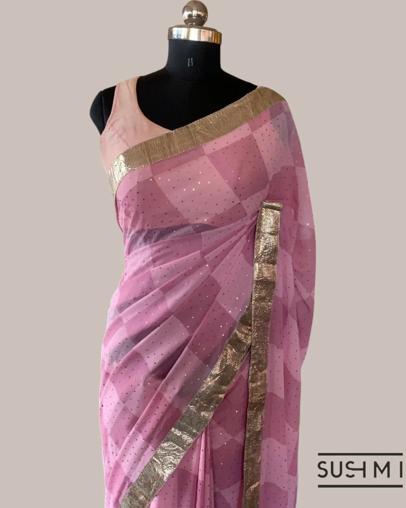 Pure Gorgette Saree in Checks Pattern , Allover Seuence & Hemlined Wth Gota lace
