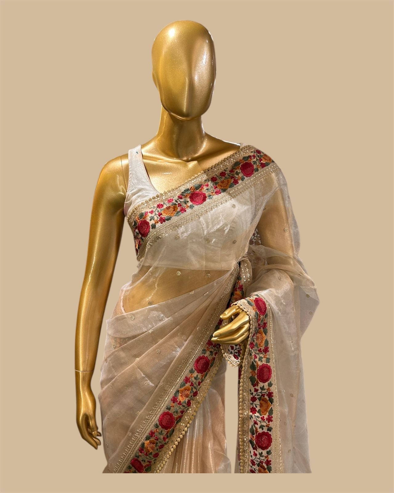 Pure Tissue Saree with silver and golden zari wide stripes & Embroidered Borders