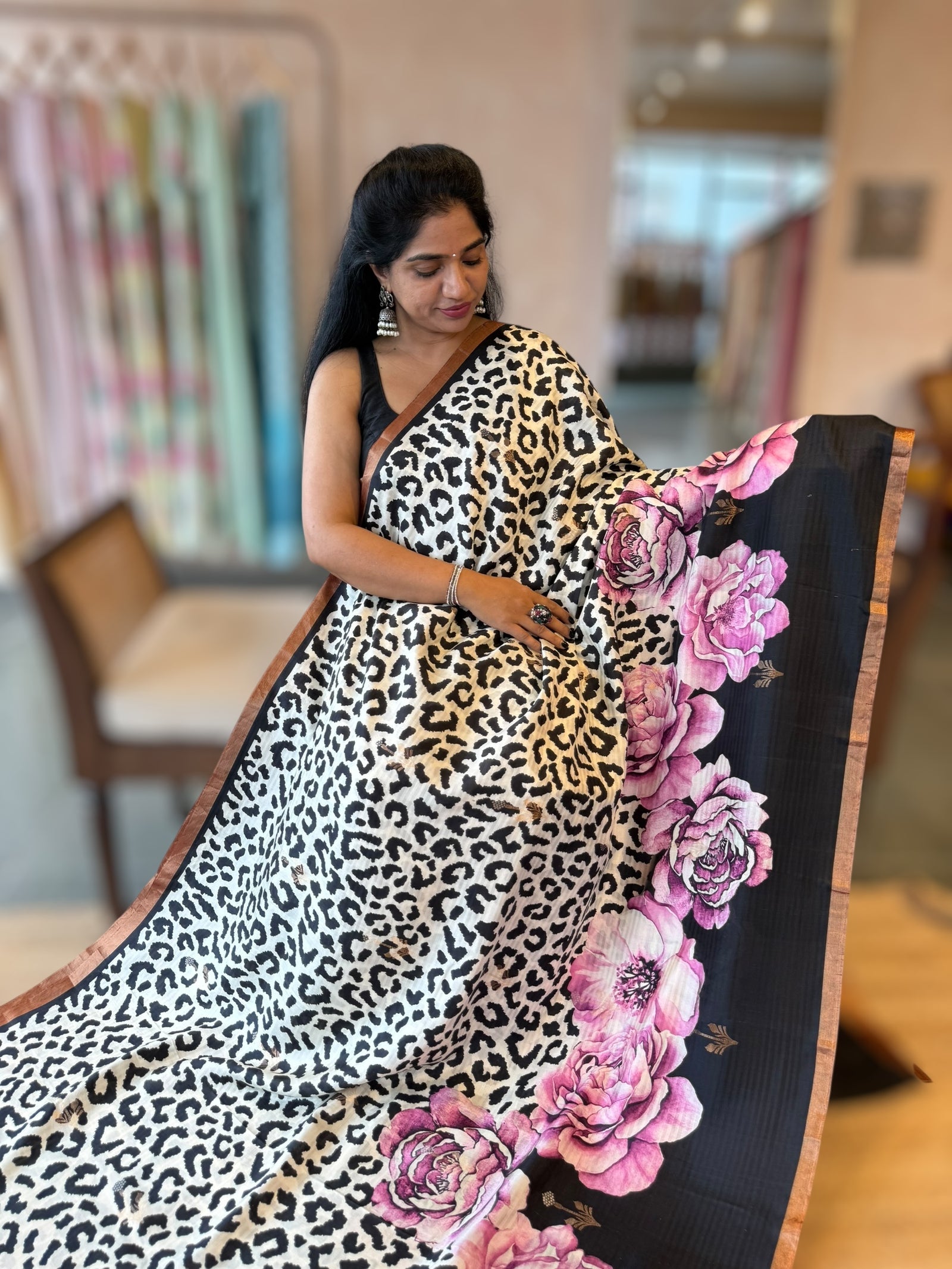 Kanchi Soft Silk Saree with Leopard and Statement 3D Rose Print