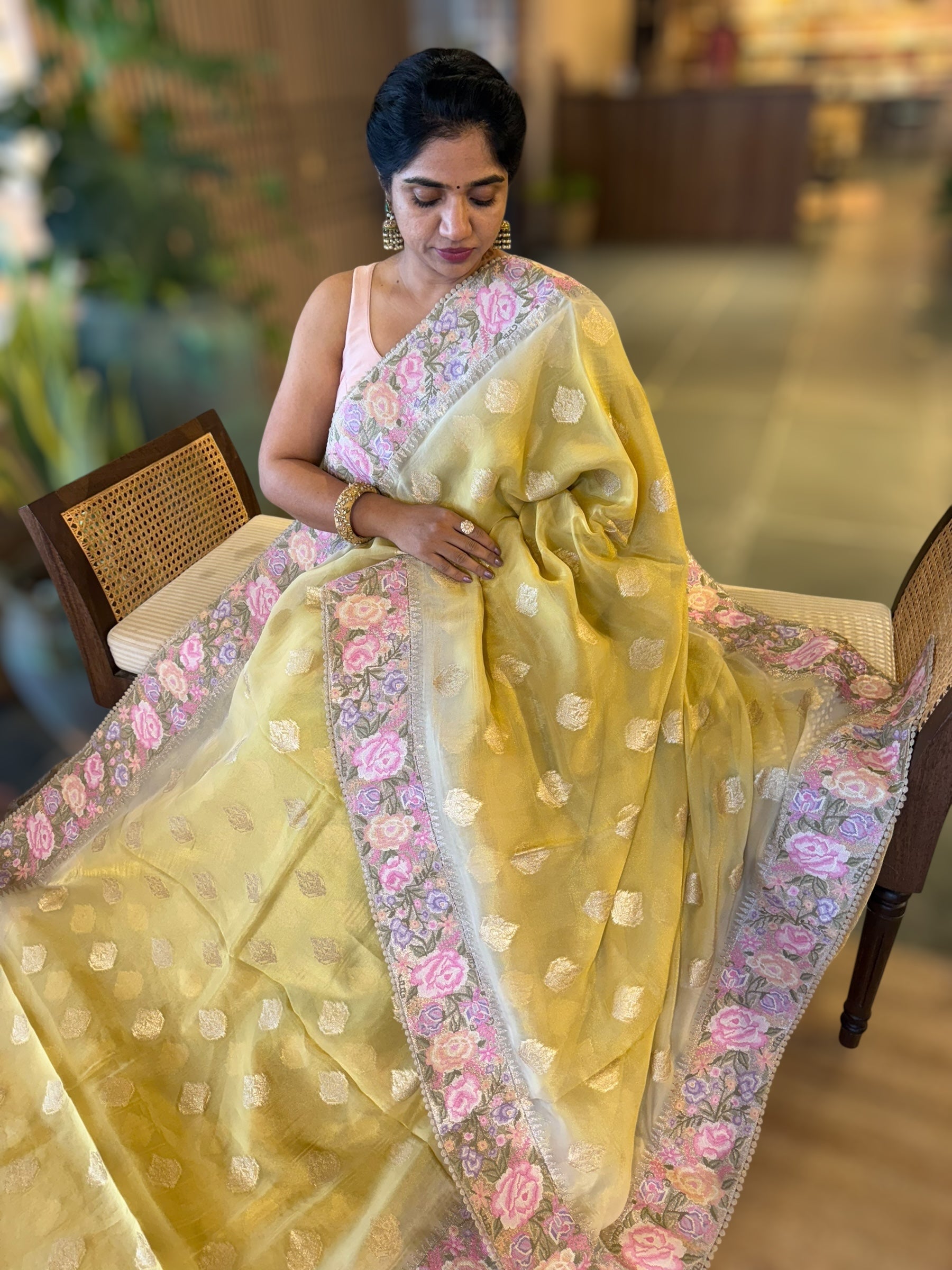 Pastel Yellow Banarasi Tissue Gorgette Saree Wth Petite Point Embroidered Border
