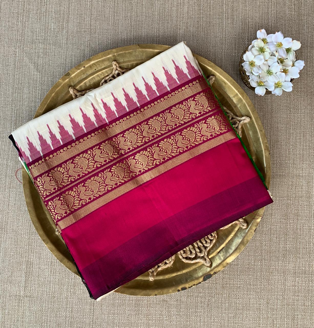 Pure Handloom Twill Ikkath Kanchi Saree With Ganga Jamuna Borders