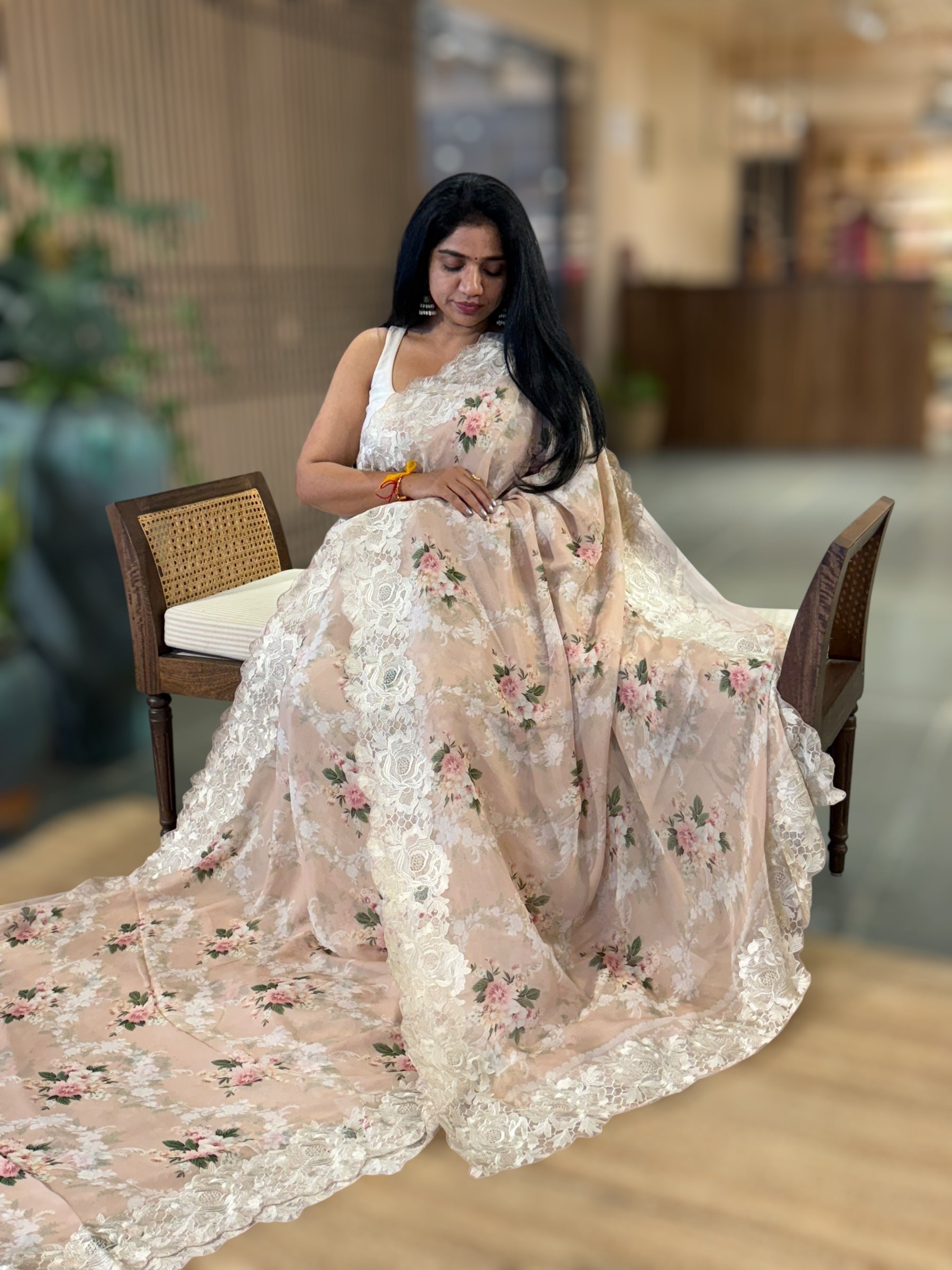 Nude Gorgette Printed Saree With Chatilly Lace Style Cutwork embroidered Border