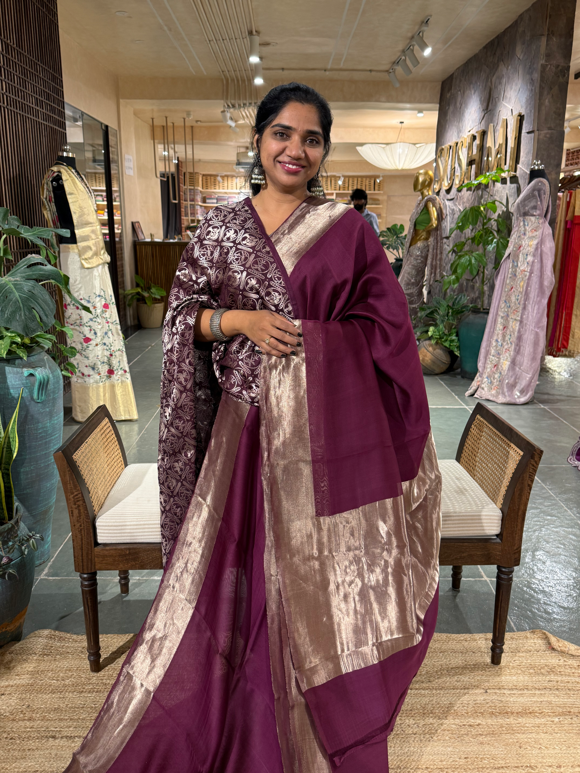 Wine Tussar Kora Saree With Tissue Border & Pallu Paired With Brocade Blouse